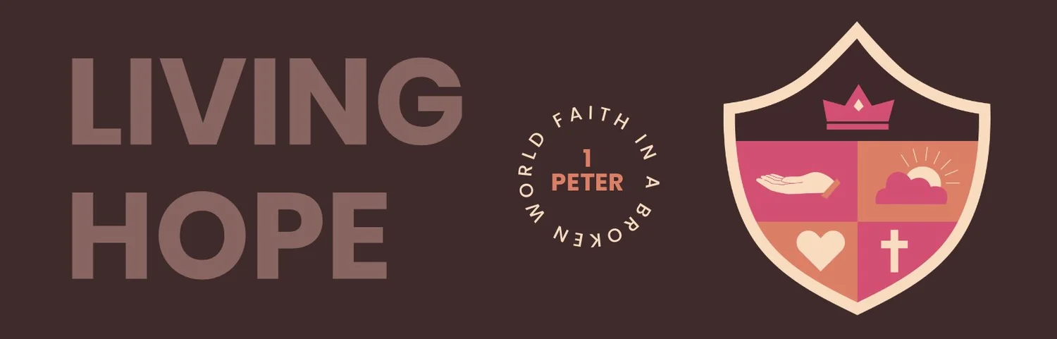 Series artwork: the words "Living Hope" beside a circular emblem reading "Faith in a Broken World" with the name Peter in the center, and a shield showing a crown, a hand, a sun and clouds, a heart, and a cross.