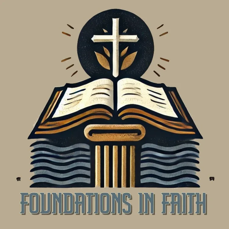 Illustration of an open book on a column with a cross and leaves above, labeled 'Foundations in Faith'