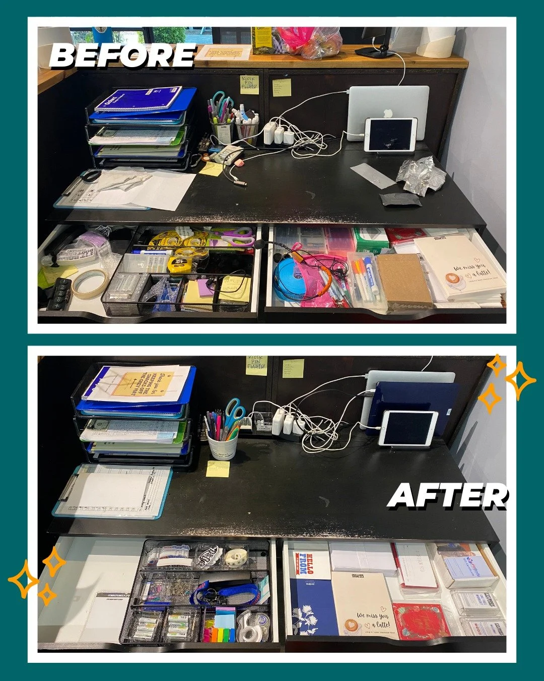 Throwback to earlier this year when I helped Portland Fit Body Boot Camp get organized in their new space! Here's the promised desk before & after. While it may not at first glance appear drastically different, we did do a major overhaul of the o