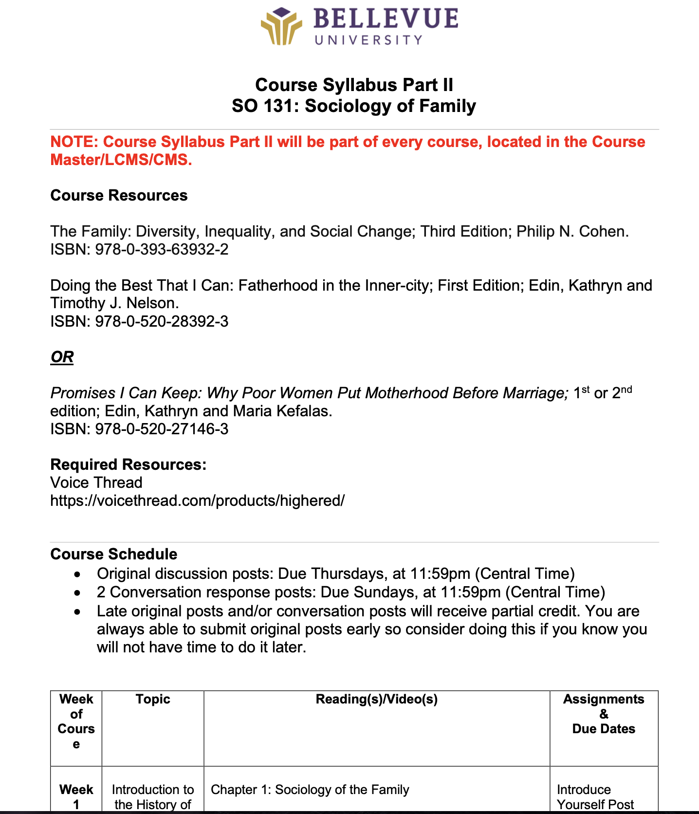 Course syllabus outlining learning objectives, assessment structure, weekly instructional flow, and new technology integration using VoiceThread.