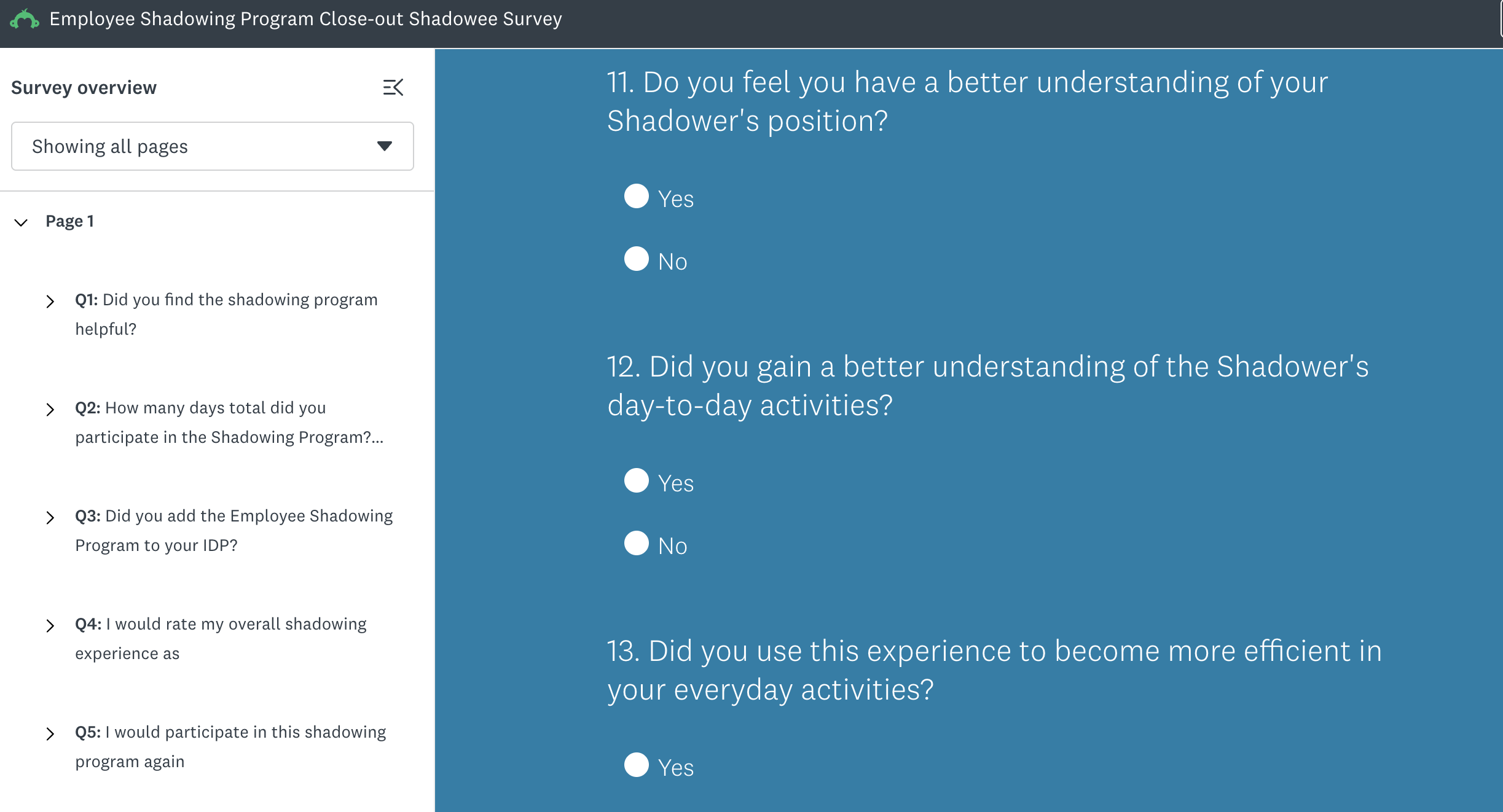 A structured close-out survey used to assess the effectiveness of the employee shadowing program. Questions measure participant understanding of leadership responsibilities, confidence in career planning, and overall experience quality, supporting da
