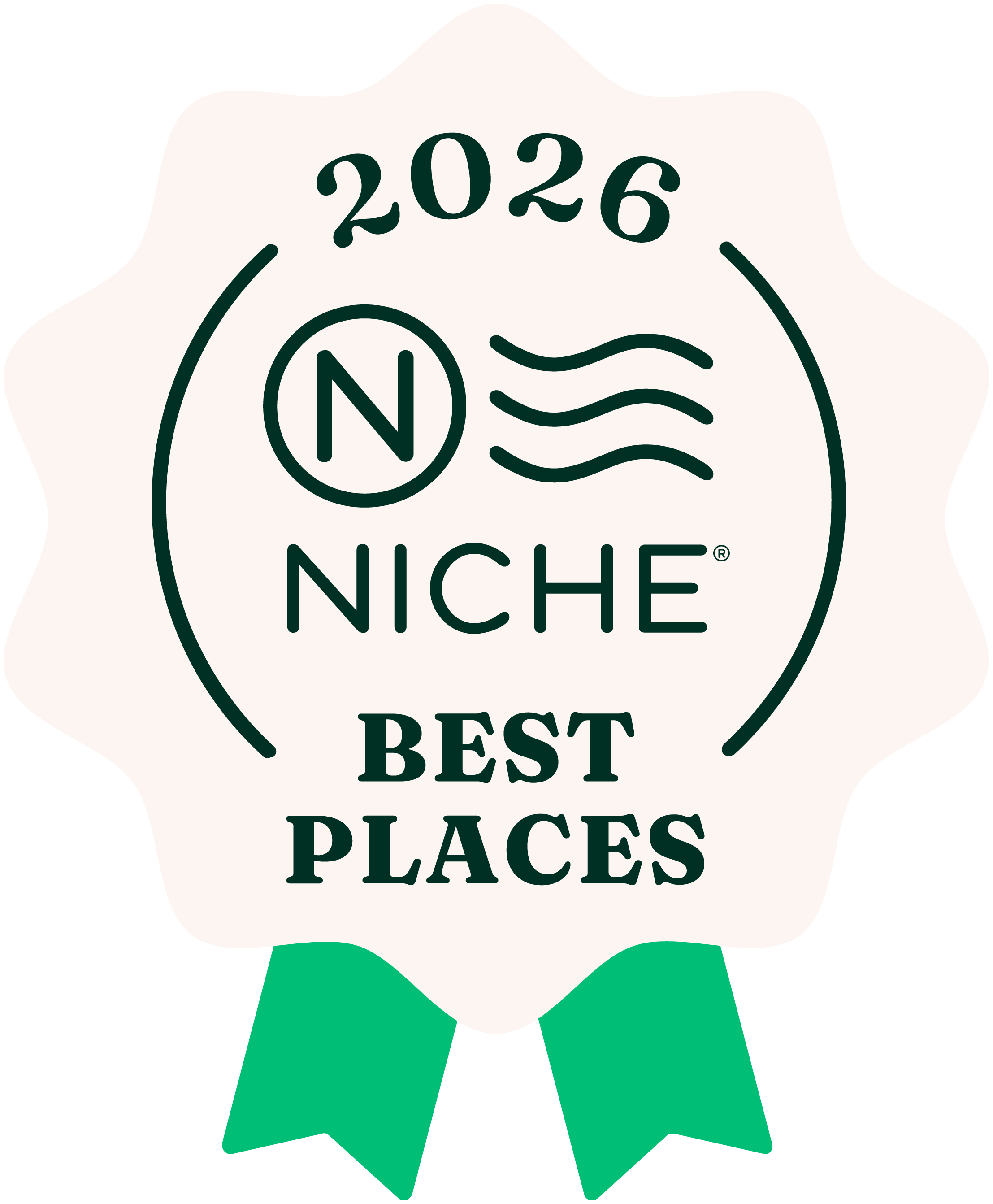 Award badge with the year 2026, a compass icon, the word 'NICHE,' and 'BEST PLACES' with green ribbons.
