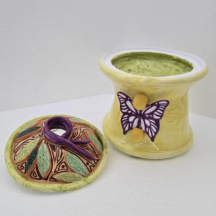 Butterfly Sun, 2025, 7.5 x 7.5 in., porcelain, cotton, wool (lid removed)