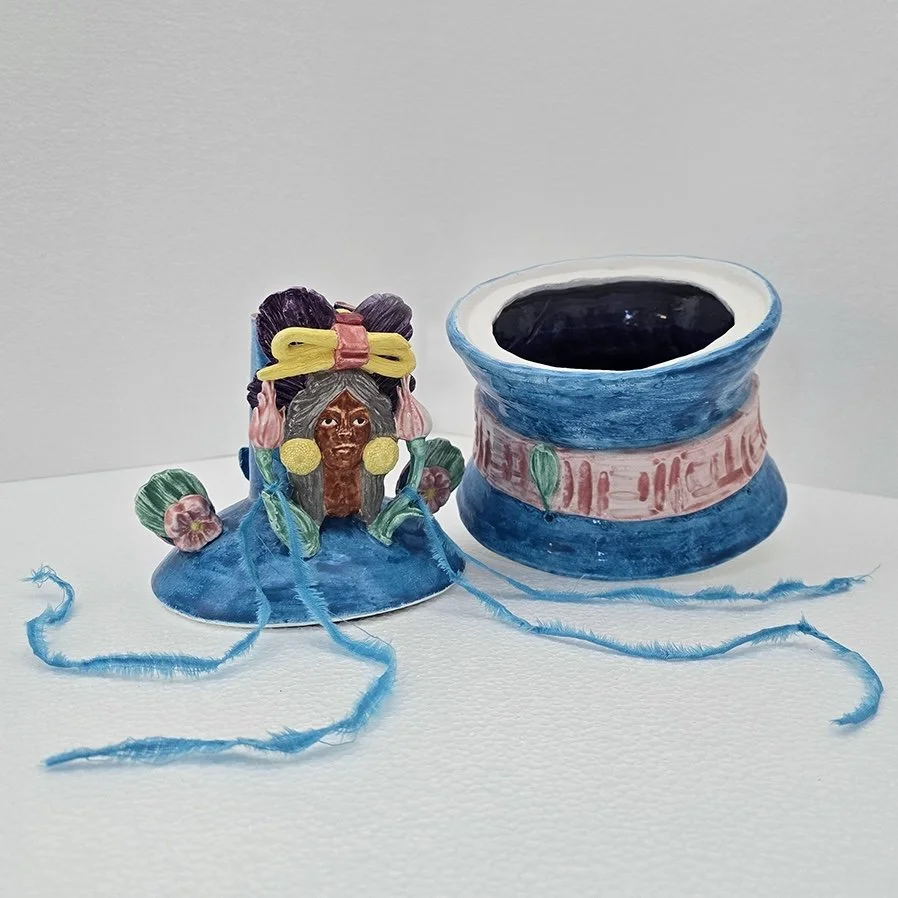 Blue Water Woman, 2025, 9.25 x 6 in., porcelain, cotton, wool, thread (lid removed)