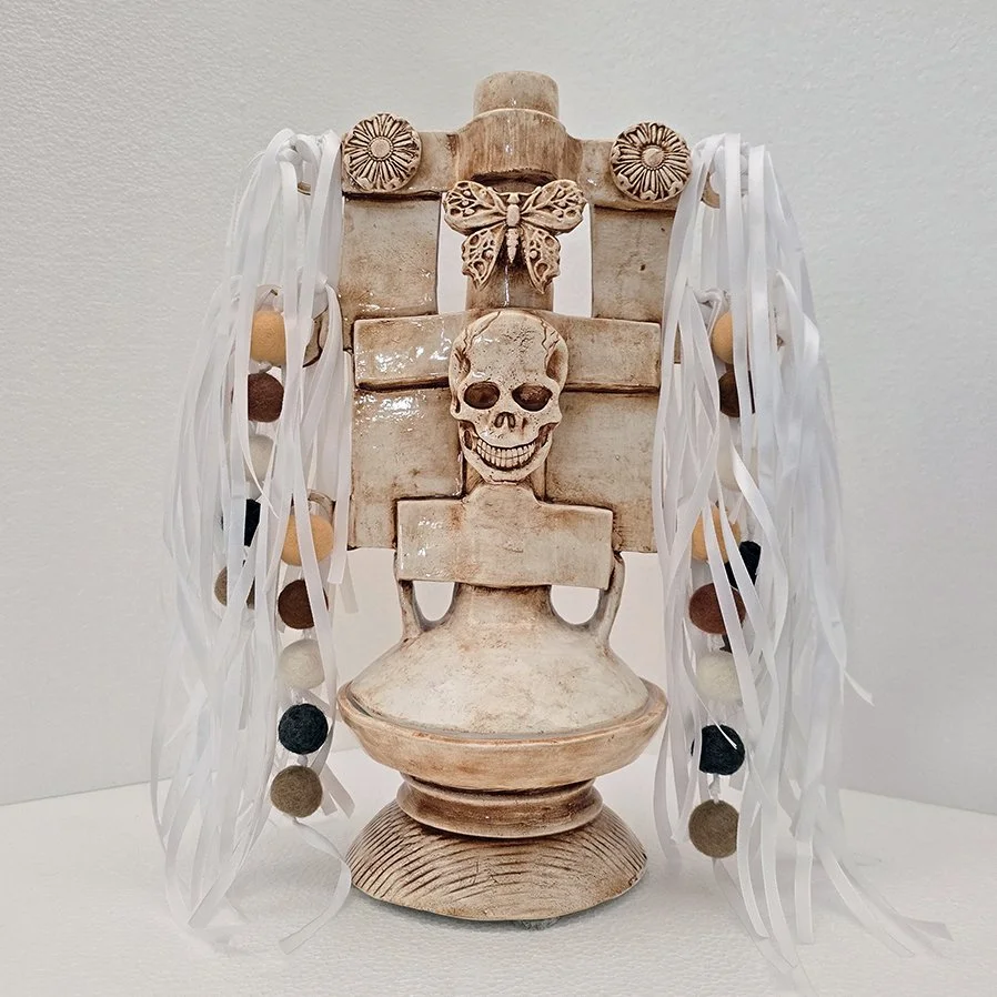 The Cycle of Life, 2025, 17 x 14.25 x 12 in., porcelain, ribbon, wool (front)