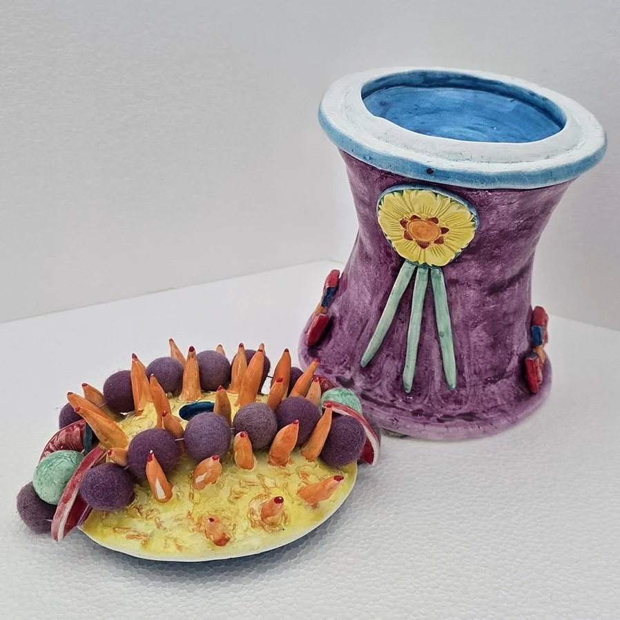 Fire Flower, 2025, 9.5 x 8 x 7 in., porcelain, cotton, wool (lid removed)