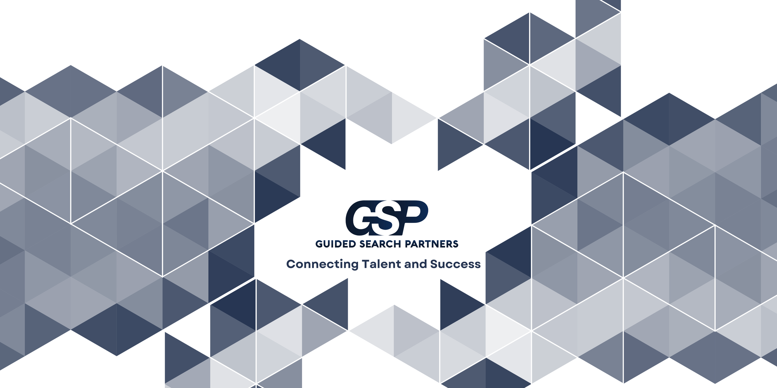 Abstract geometric background with overlapping triangles in shades of blue and gray, with the text "GSP Guided Search Partners Connecting Talent and Success" in the center.