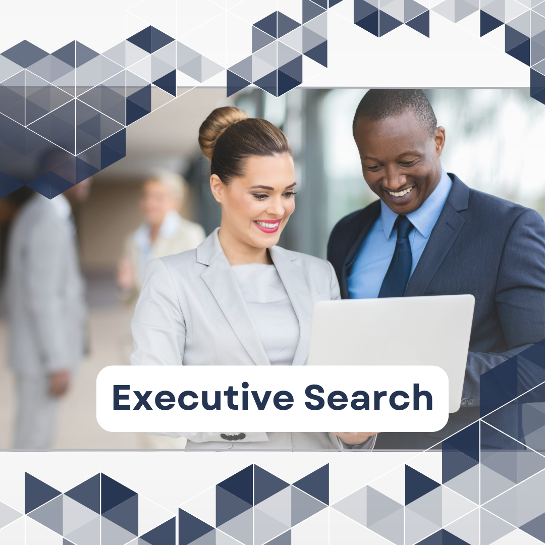 Two business professionals, a woman and a man, looking at a laptop and smiling, with a blurred background of other business people and a geometric design overlay, titled 'Executive Search'.