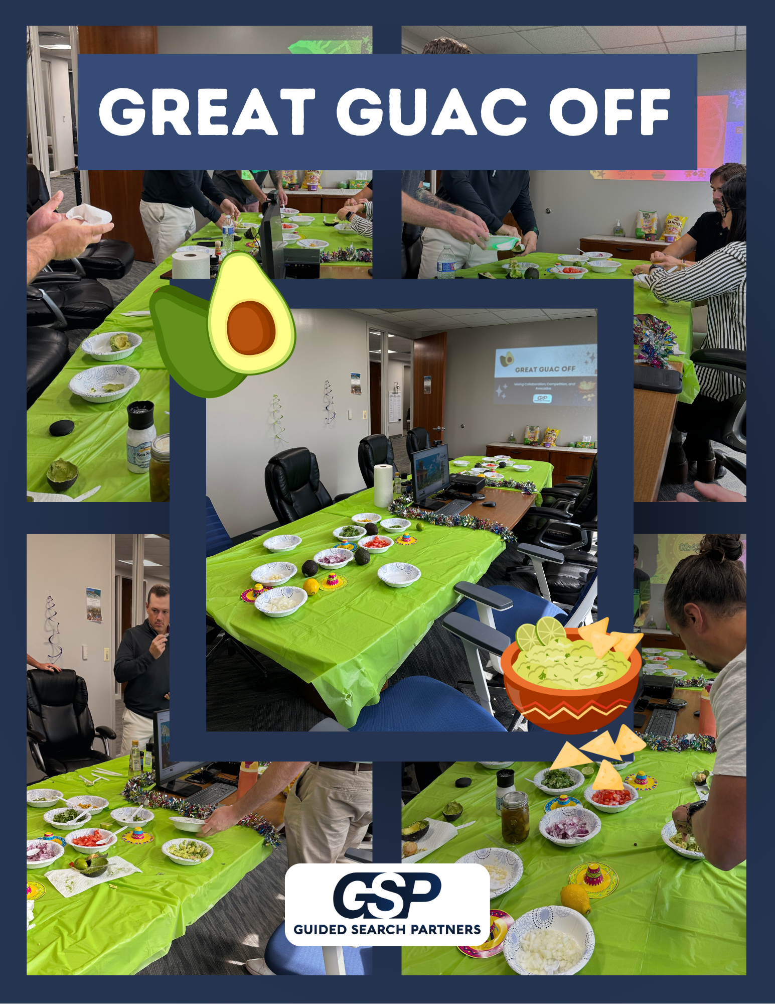 Office conference room decorated with bright green tablecloths and guacamole-themed decorations for a celebration, with plates of toppings for guacamole and chips, and a presentation slide titled "Great Guac Off" displayed on a screen.