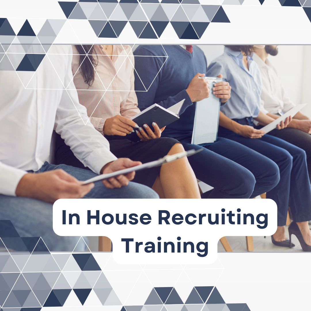 People sitting in a waiting area holding documents, with a graphic overlay and the text 'In House Recruiting Training'