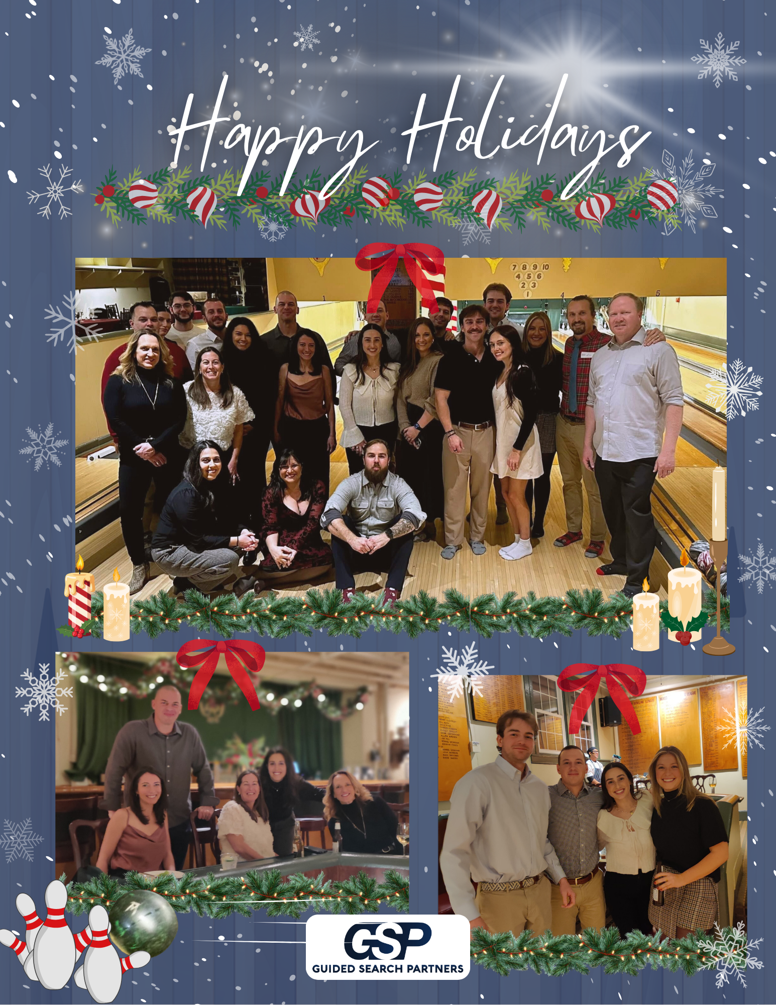 Group of people celebrating the holidays, with two pictures of smaller gatherings and festive decorations including candles, bows, and snowflakes.