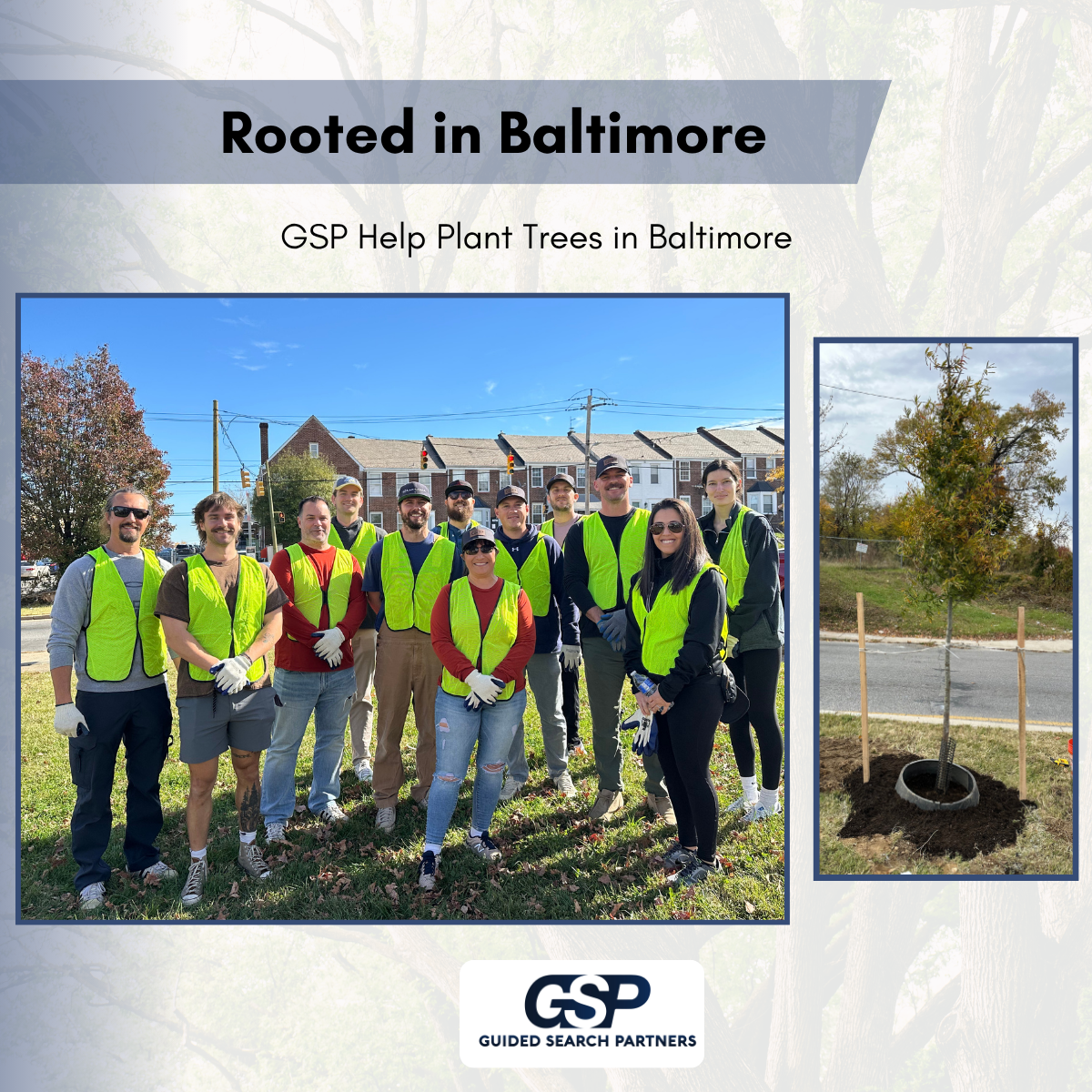 Group of people wearing yellow safety vests planting a tree outdoors with a second tree in a pot next to them.