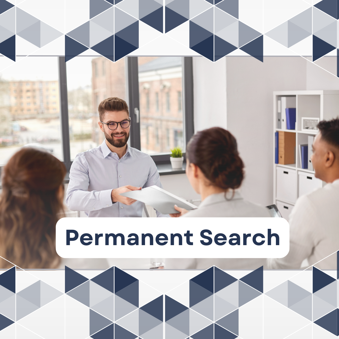 A man with glasses smiling and handing a document to three women in a modern office with large window and city view, with a geometric patterned border and the text 'Permanent Search'.