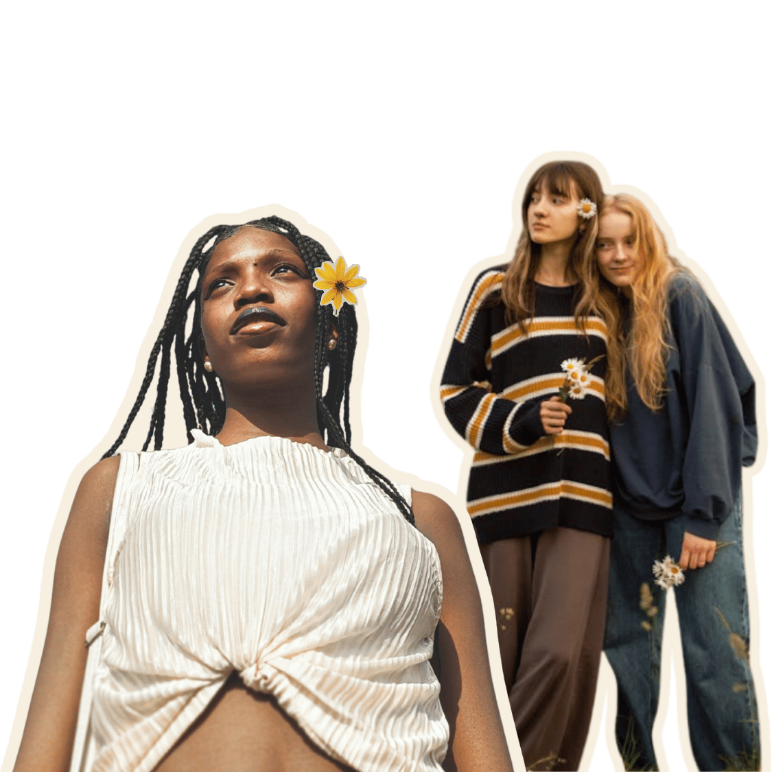 Three women posed with flowers in a layered, scrapbook-style collage.