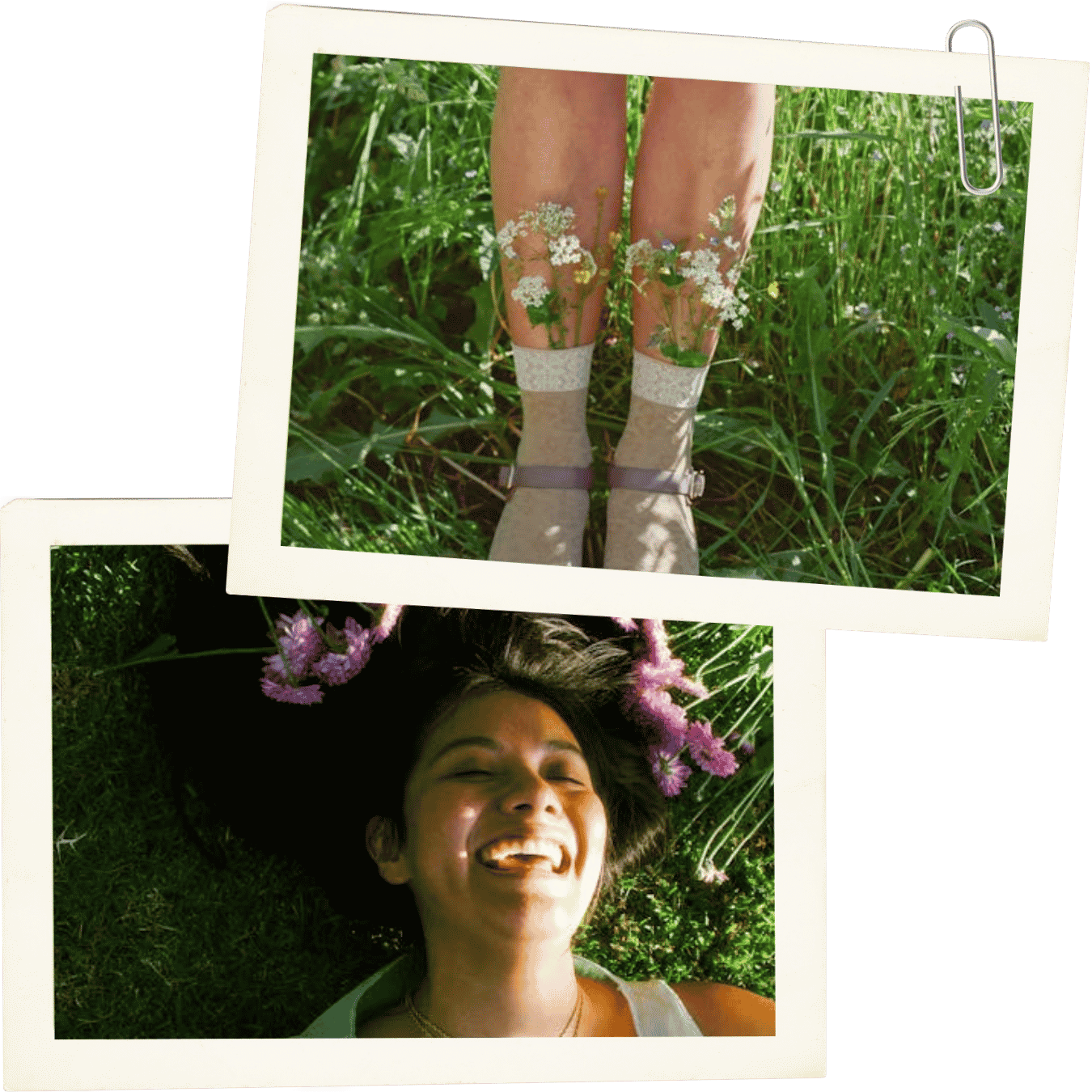 Collage of outdoor photographs featuring wildflowers and a smiling person lying in the grass.
