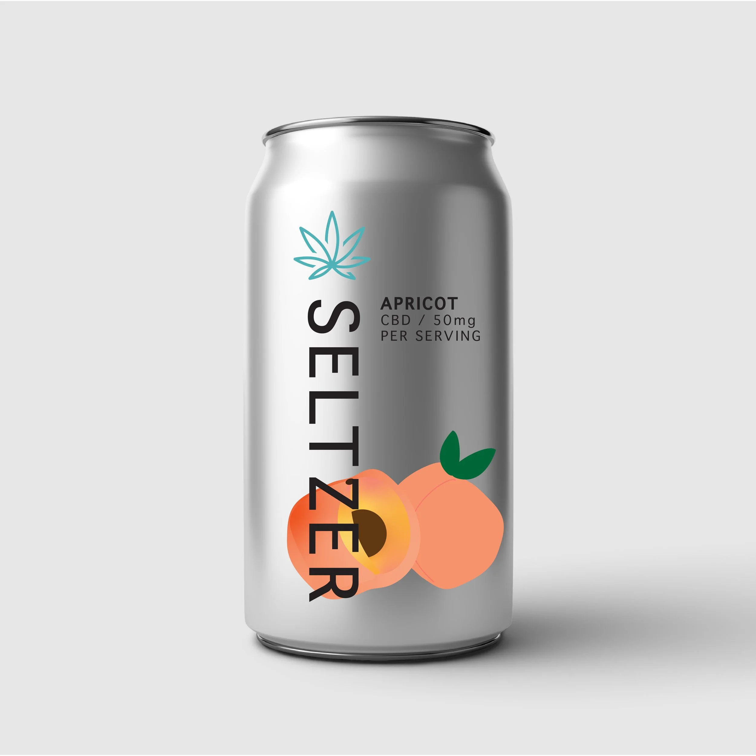A silver beverage can with a teal line drawing of a cannabis leaf and the words "CBD APRICOT" and "50mg PER SERVING." The can has a matte finish and is set against a plain gray background.