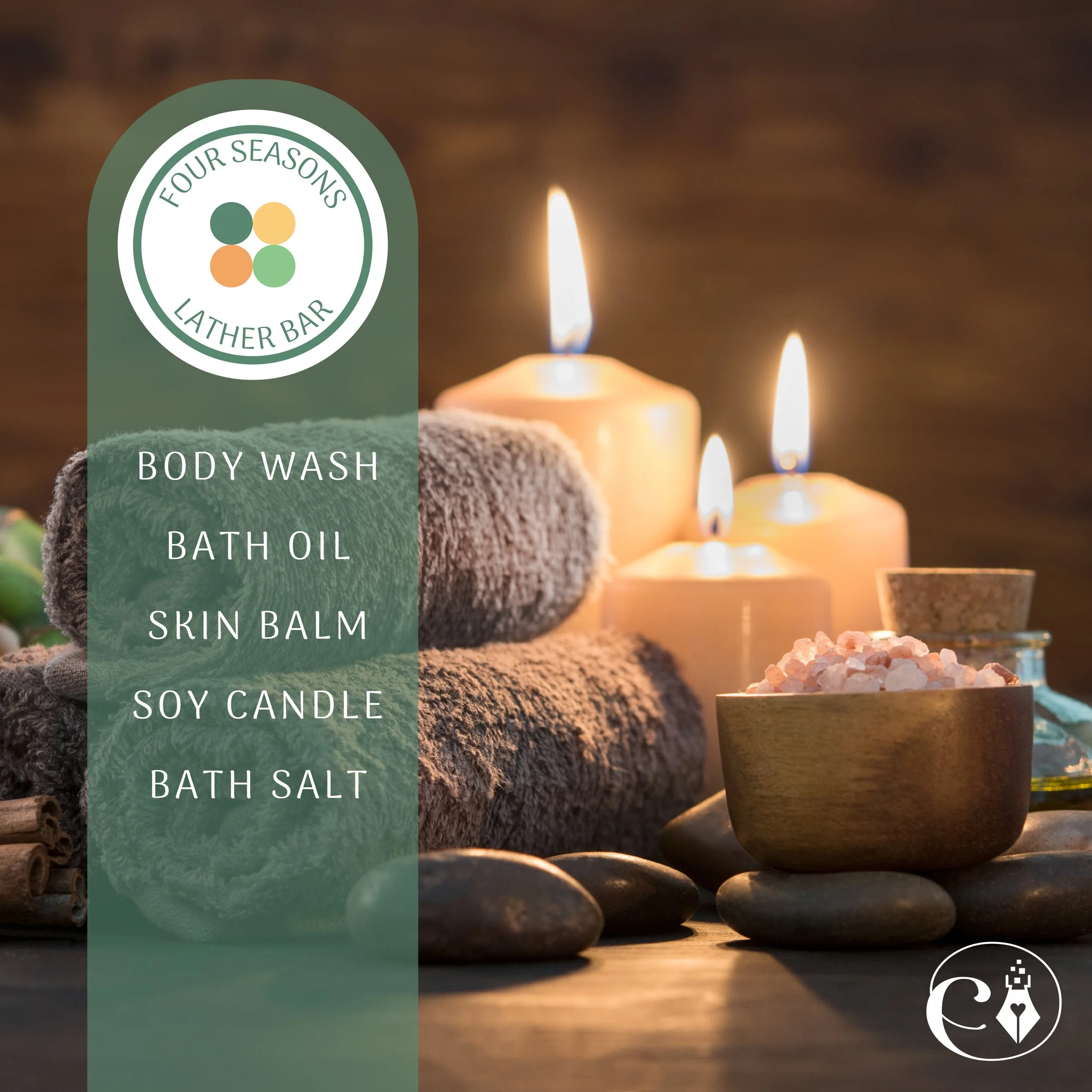 Scented candles, rolled towels, bath salts, and a body wash label from Four Seasons Leather Bar, set against a background of lit candles creating a cozy atmosphere.