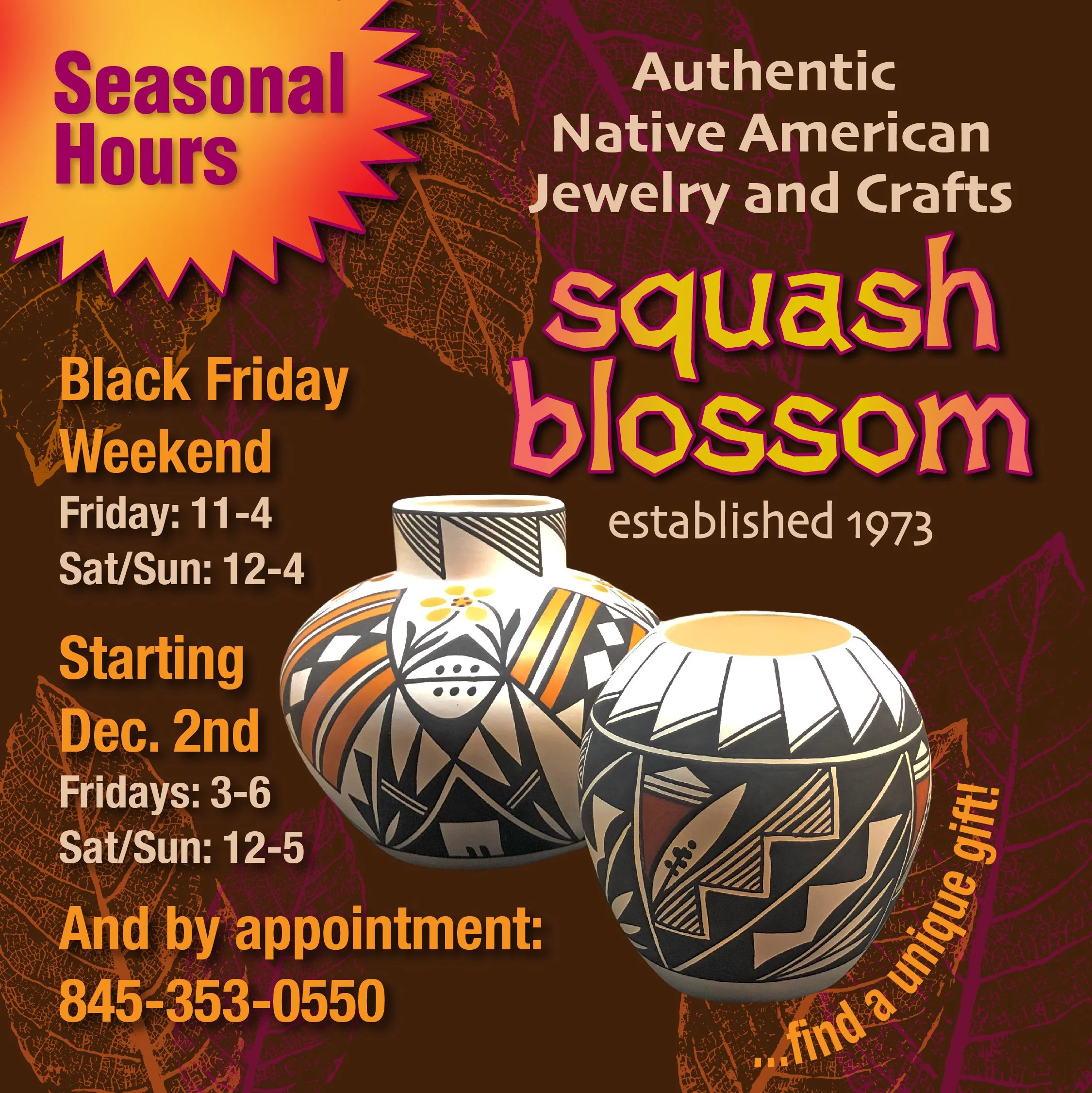 A colorful advertisement with a dark brown background and orange leaf pattern overlay. It promotes a jewelry store's seasonal hours, Black Friday weekend hours, and starting December hours. The text includes details about the store's operational time