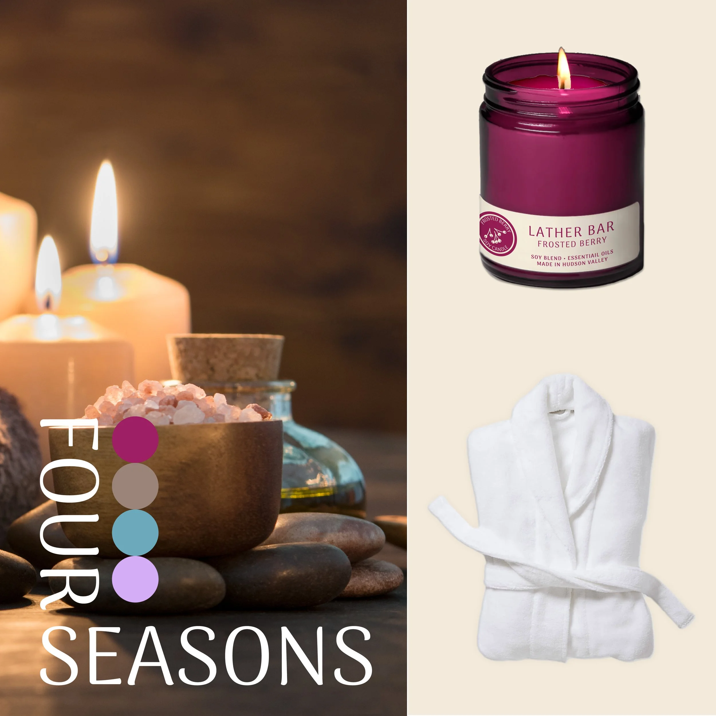 A collage of four images: burning candles, pink Himalayan salt, essential oils in a bottle, and a white plaster statue of a person in a meditation pose.