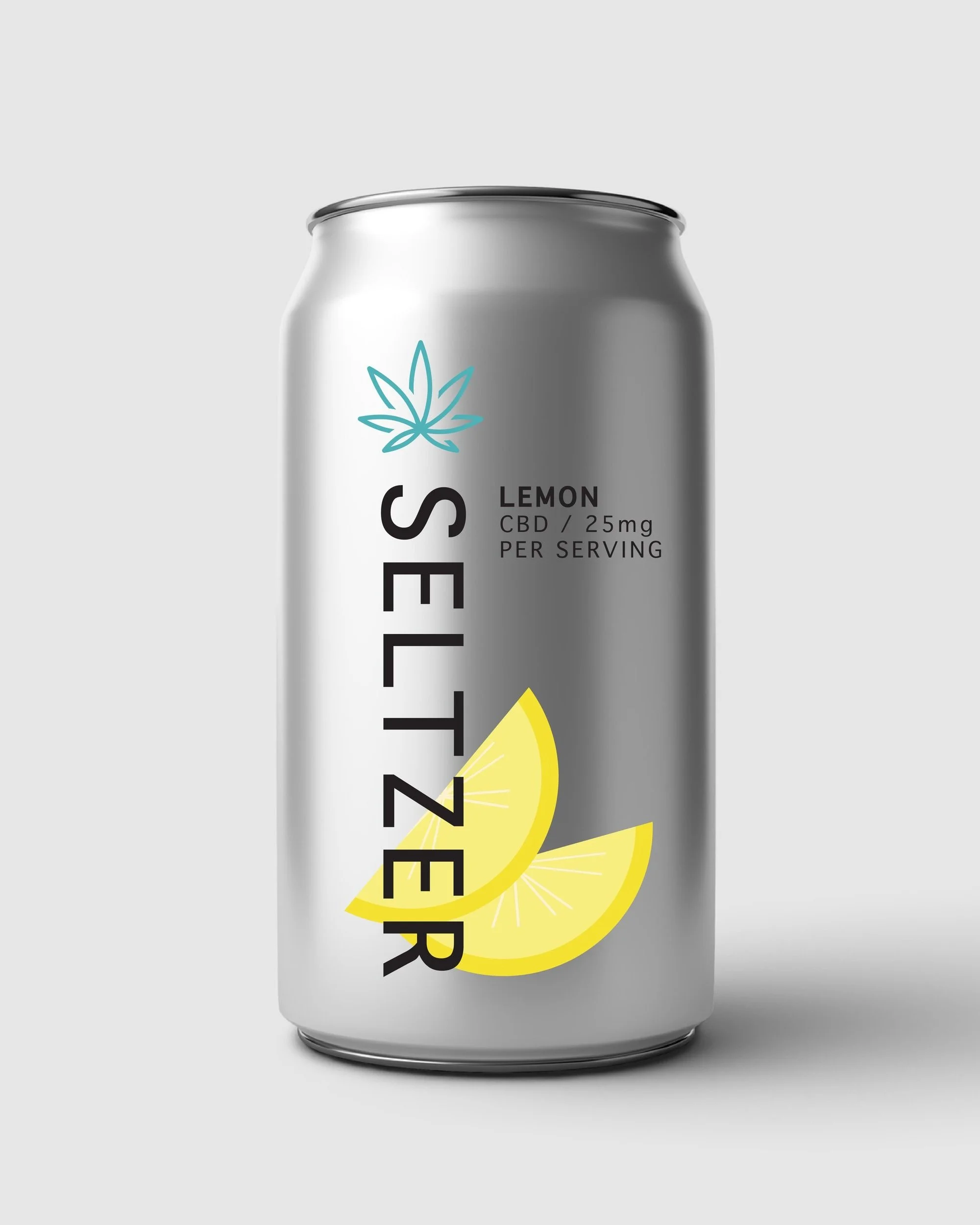 Aluminum can of Lemon CBD-infused sparkling water with a lemon slice graphic and a blue leaf logo.