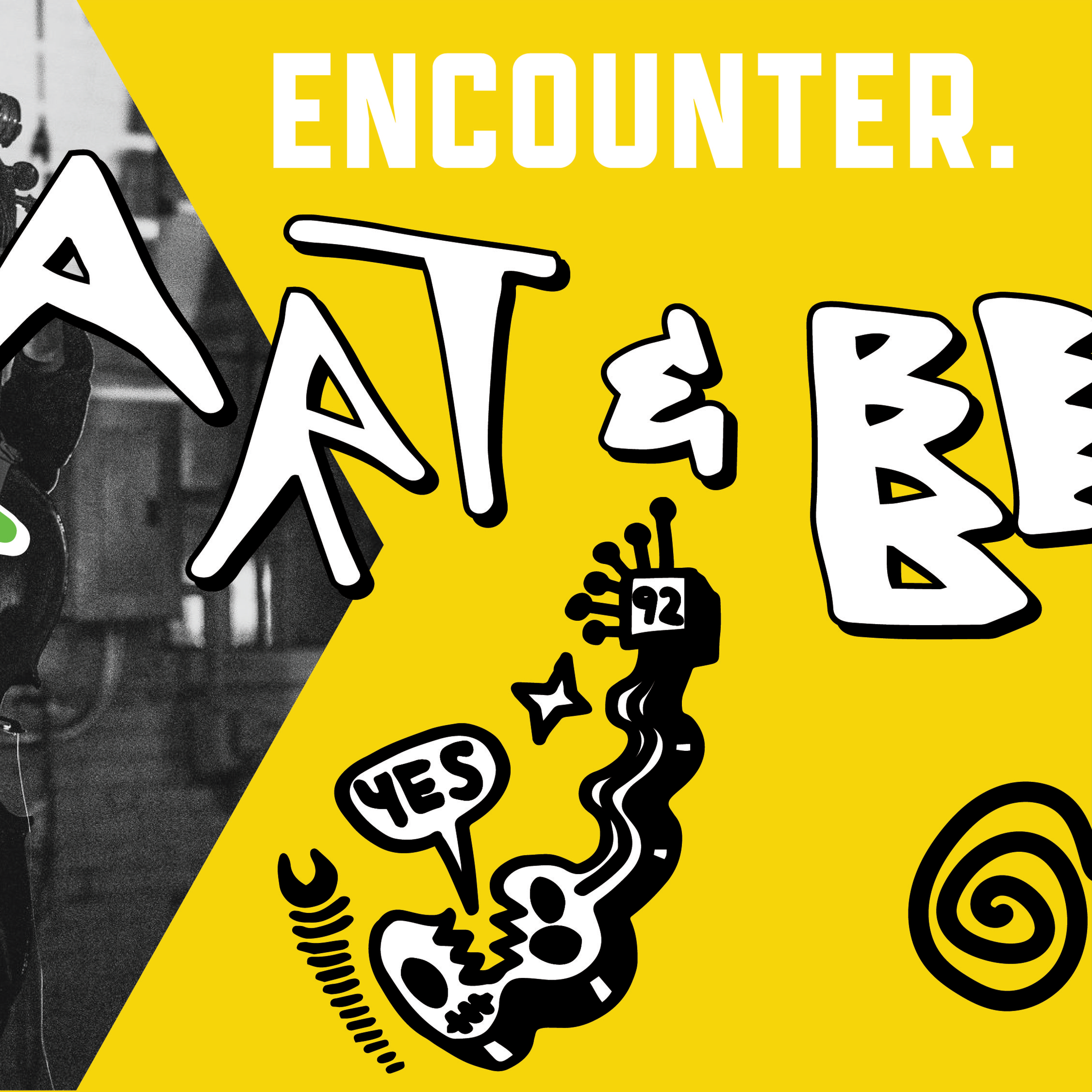 A yellow and black graphic featuring the word 'ENCOUNTER' in large white text, with a cartoon-style illustration of a skull, stars, and other doodles, on a bright yellow background.