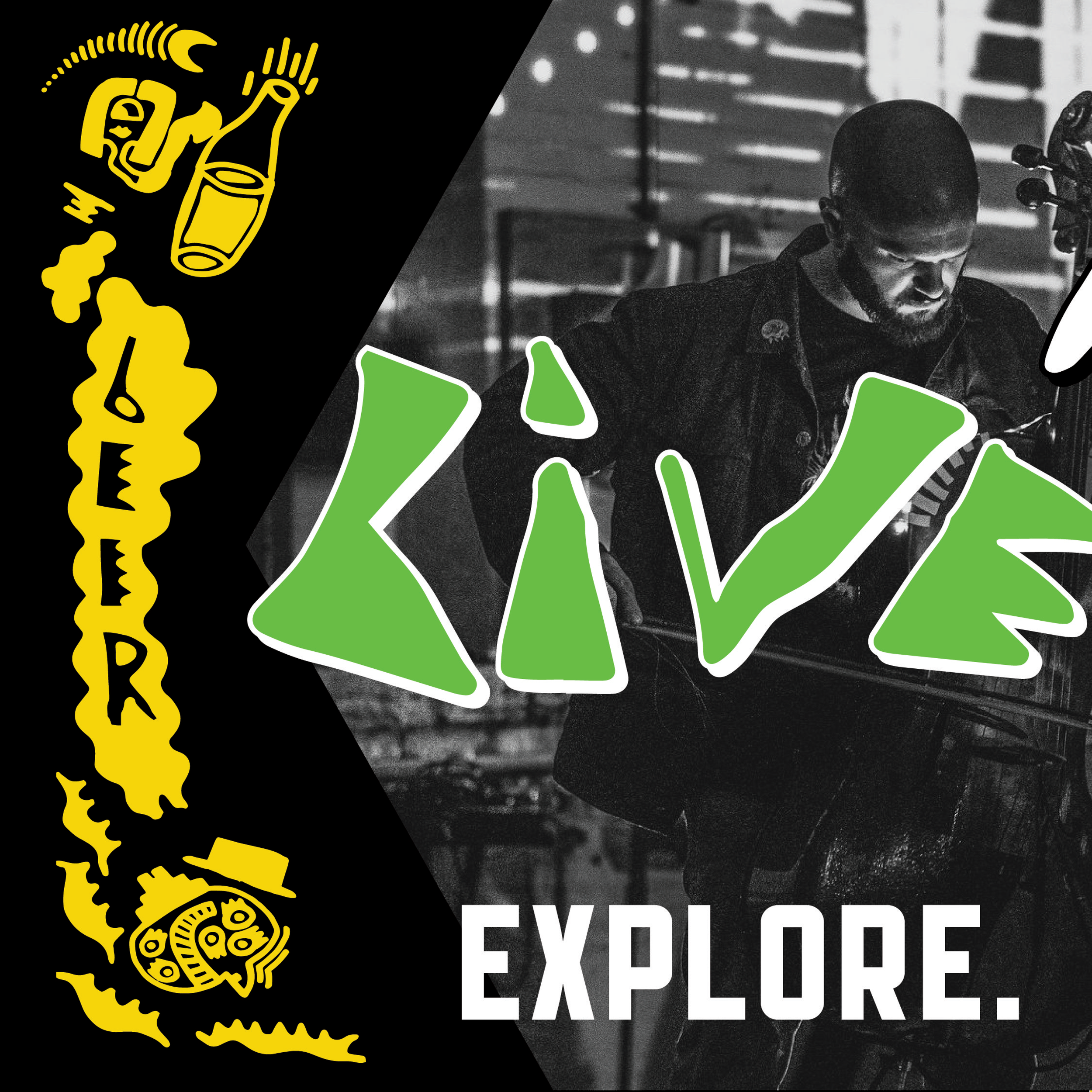A collage featuring a stylized yellow and black logo of a hand holding a mug of beer on the left, and a black and white photo of a man with glasses and a beard working on a laptop on the right. The word "EXPLOR" is partially visible at the bottom of 