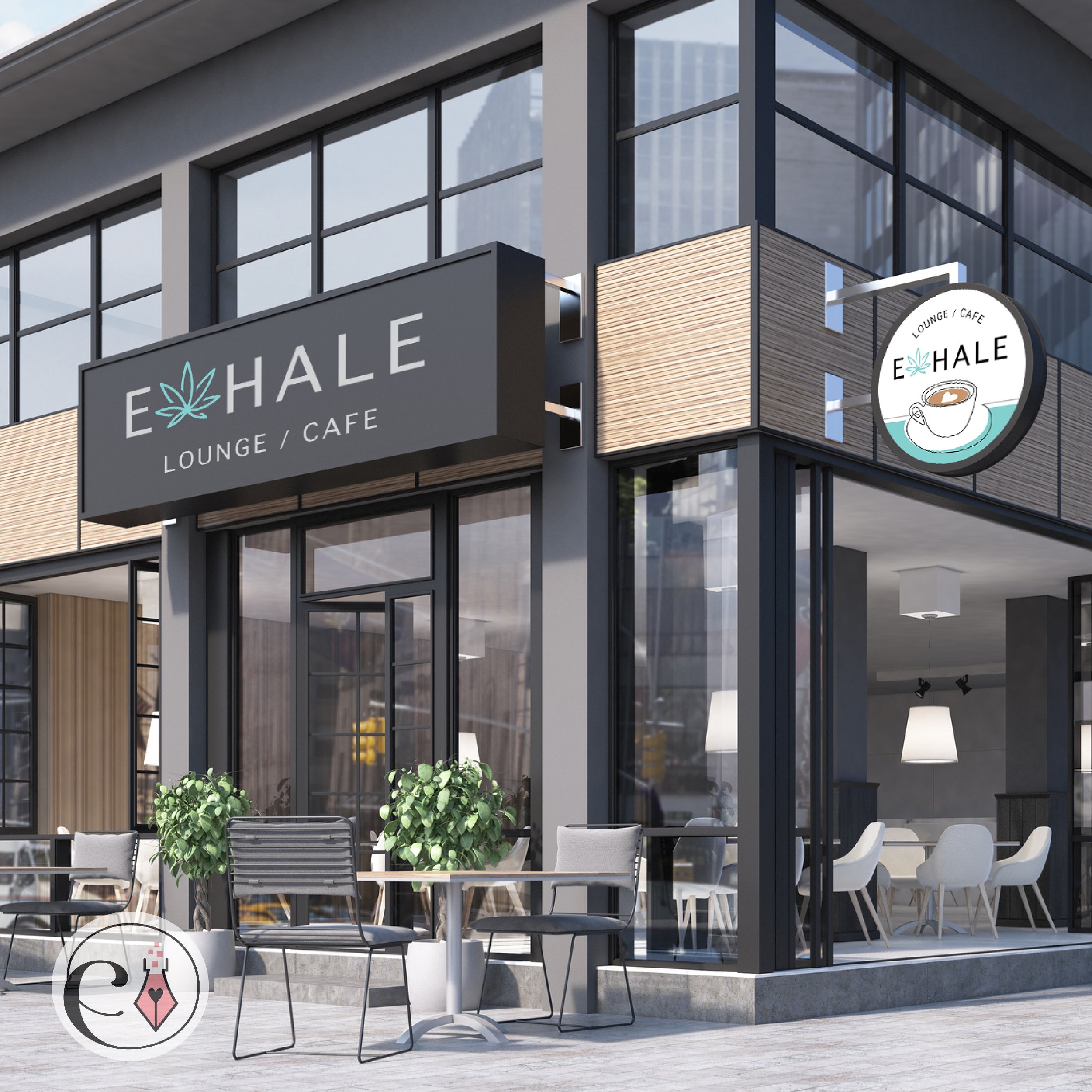 Exterior view of a modern cafe with large glass windows, a black sign with the words 'E Hale Lounge / Cafe' and a leaf logo, and outdoor seating including white chairs and tables with potted plants.
