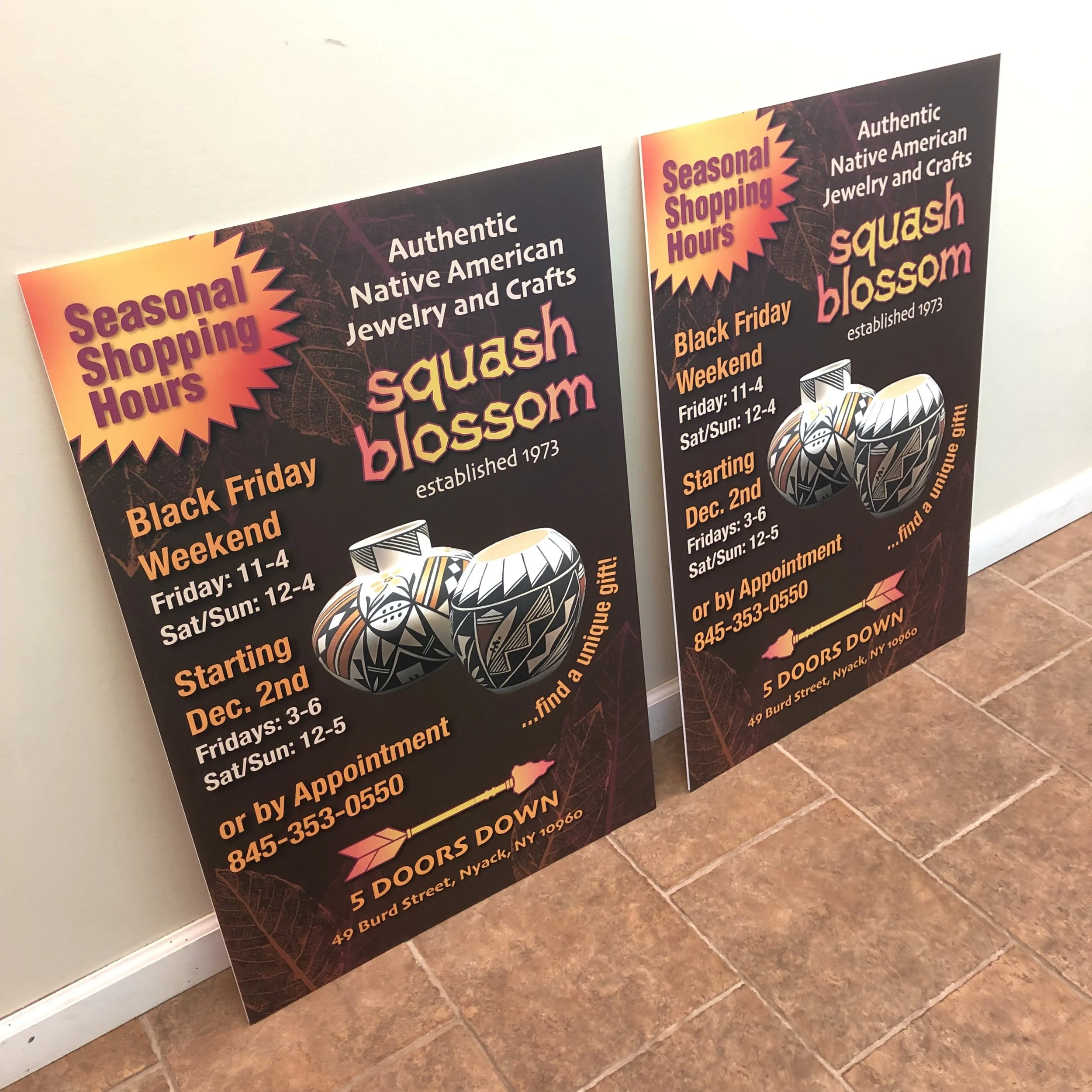 Posters advertising seasonal shopping hours for a Native American jewelry and crafts store, detailing Black Friday weekend hours, and contact information, with a stylized Native American pottery illustration.