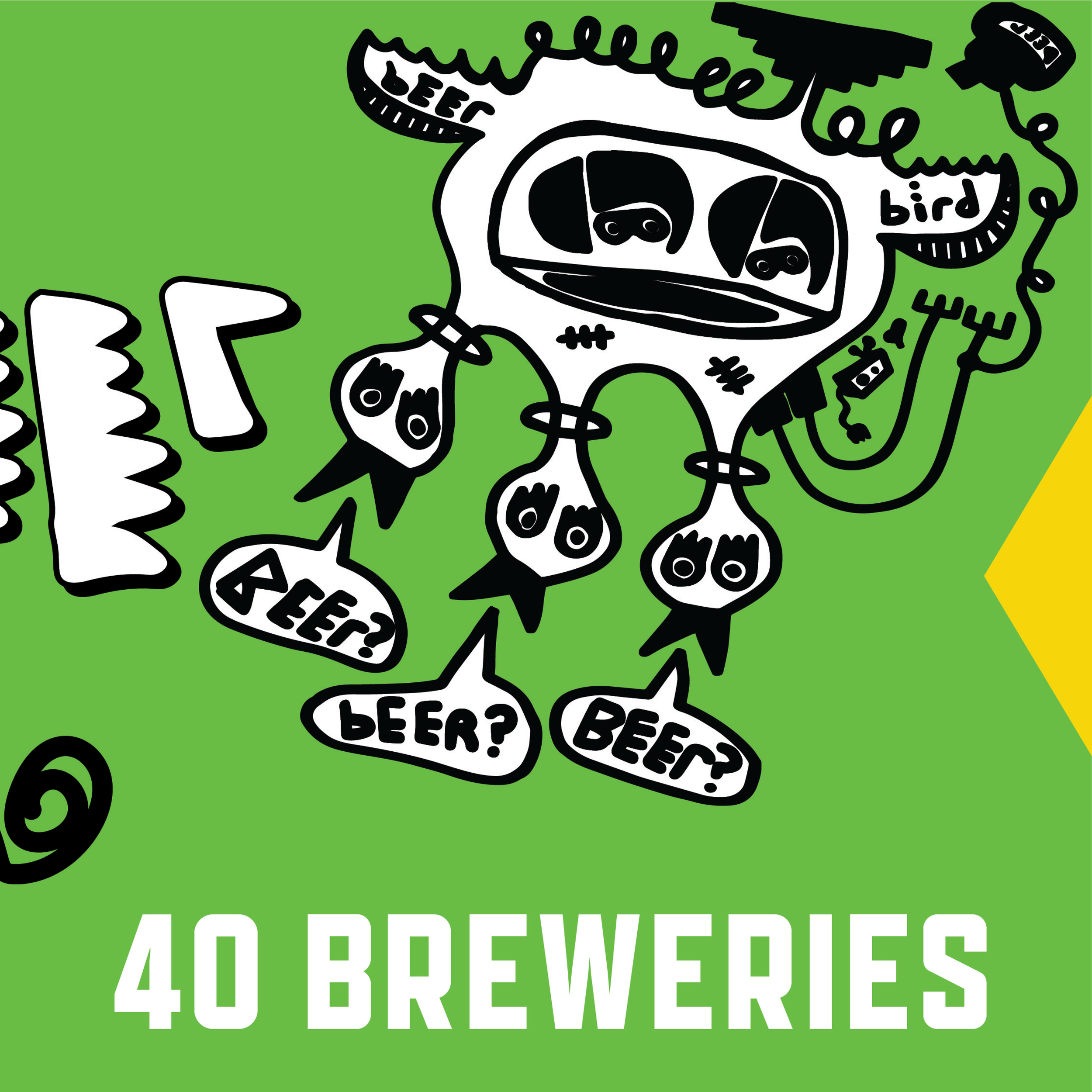 Stylized illustration of a dog's face with various speech bubbles containing words like 'beer?', 'bird?', and 'beeee?' on a green background, with some parts of the image also displaying text about beer discounts.