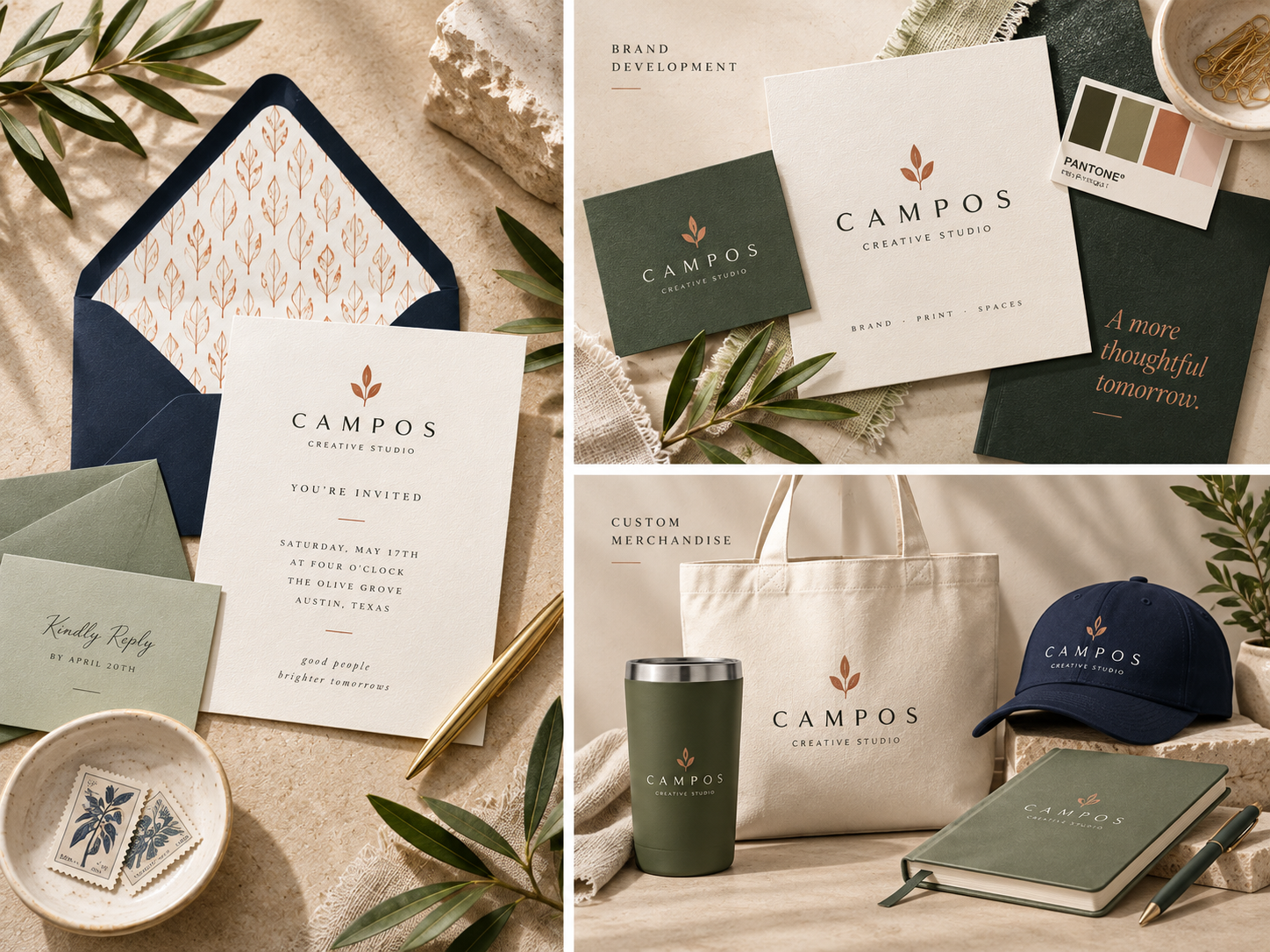 Collection of branded stationery and merchandise, including an invitation, business cards, a notebook, a cap, a mug, a tote bag, and a small dish with postage stamps, all branded with a logo featuring a simple leaf and the words 'Campos Creative Studio' on a neutral background with greenery.