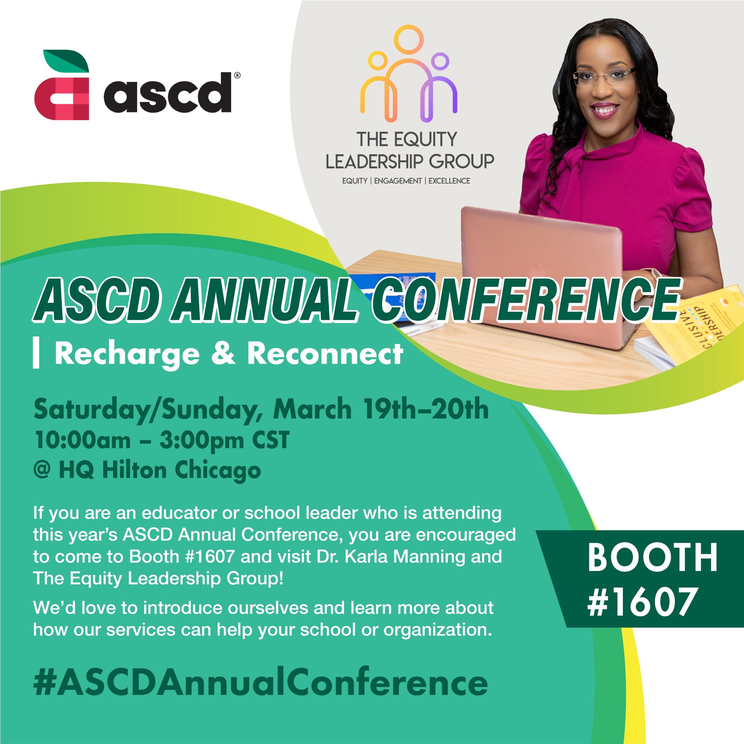 A promotional flyer for the ASCD annual conference featuring a smiling woman in a pink top, the ASCD logo, and event details including date, time, location, and the conference theme 'ReCharge & ReConnect.'