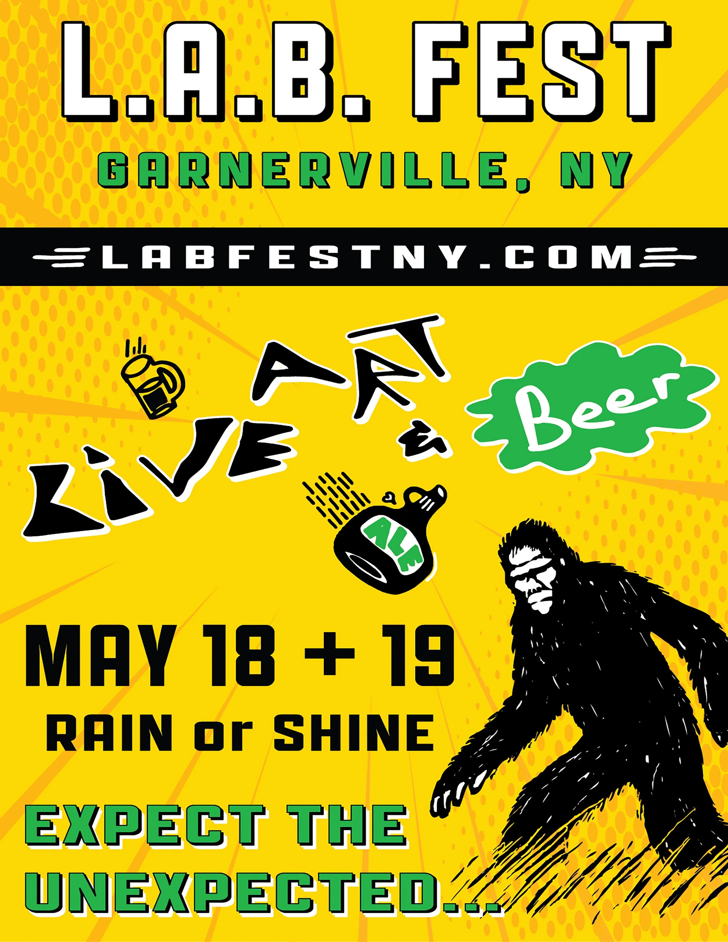 Poster for L.A.B. Fest in Garneville, NY, with event dates May 18 and 19, promoting happiness, sunshine, and a positive outlook, featuring cartoon-style illustrations of a beer mug, a bottle with the word 'ale,' and a monkey.