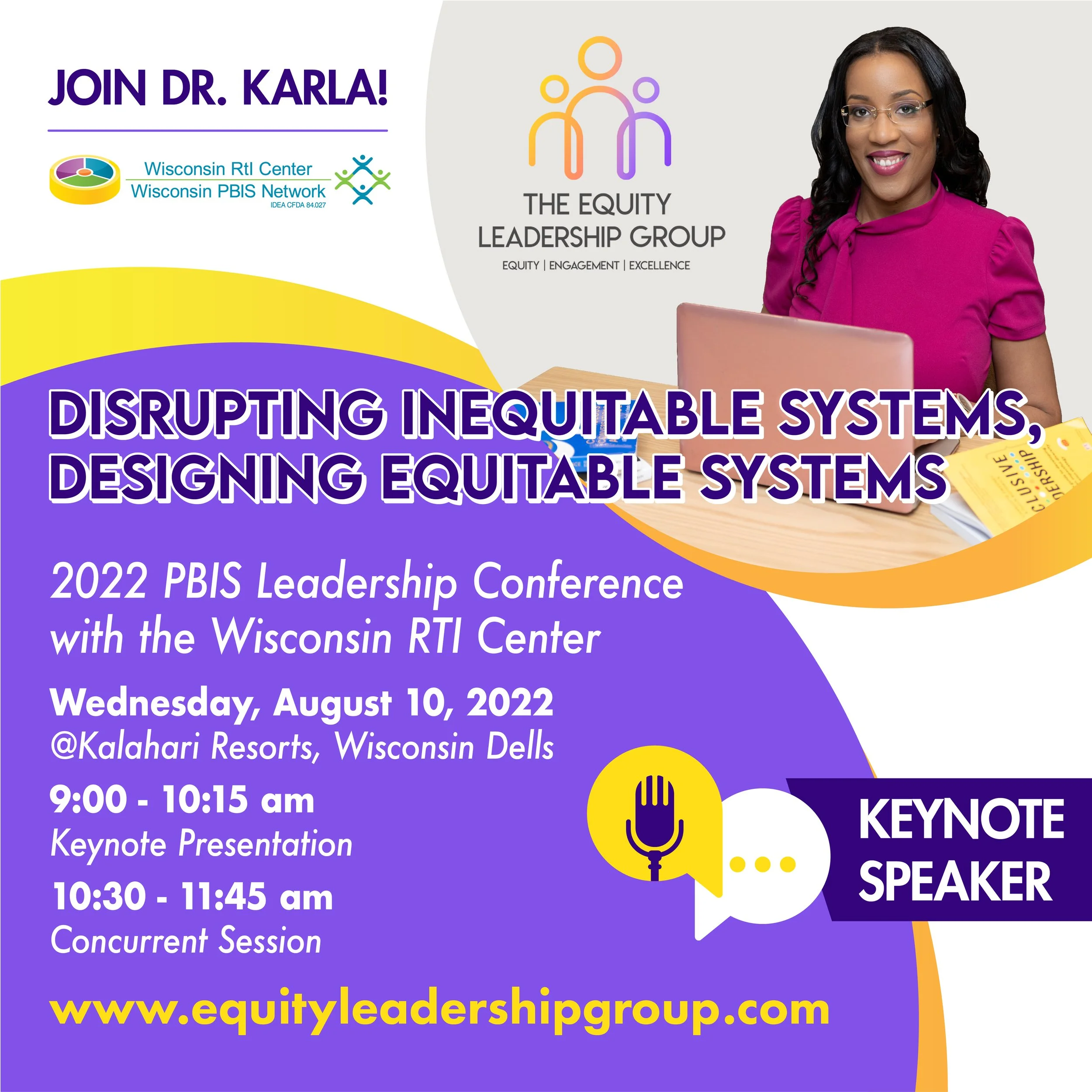 Text and logos for a leadership conference promotion featuring Dr. Karla, the Wisconsin PBIS Network, and Wisconsin RTL Center, including schedule details and website address.