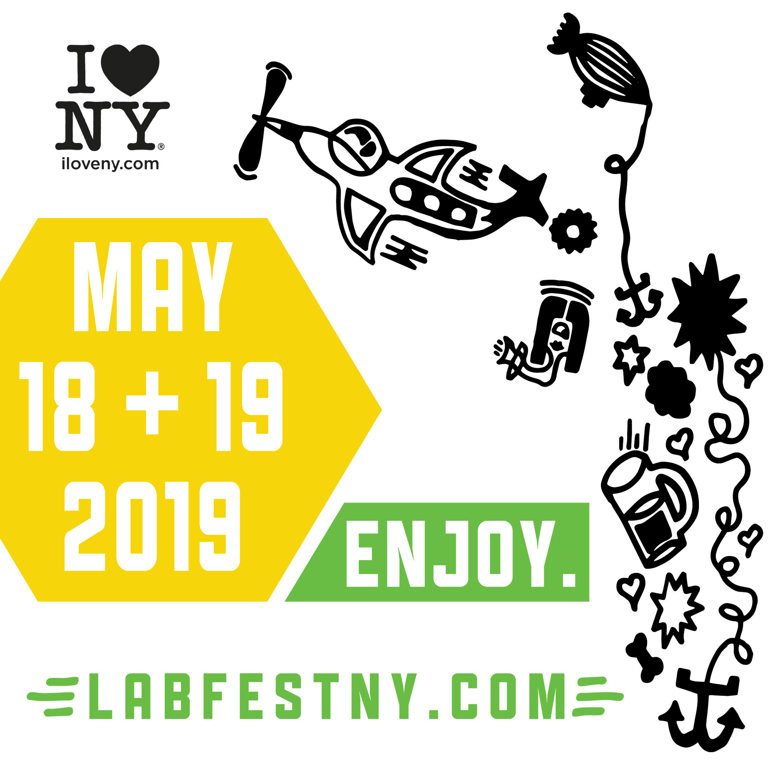 Illustration of a cocktail glass with a straw and decorative elements, alongside bold text promoting an event date, and a website URL related to a music or entertainment festival with colorful background accents.