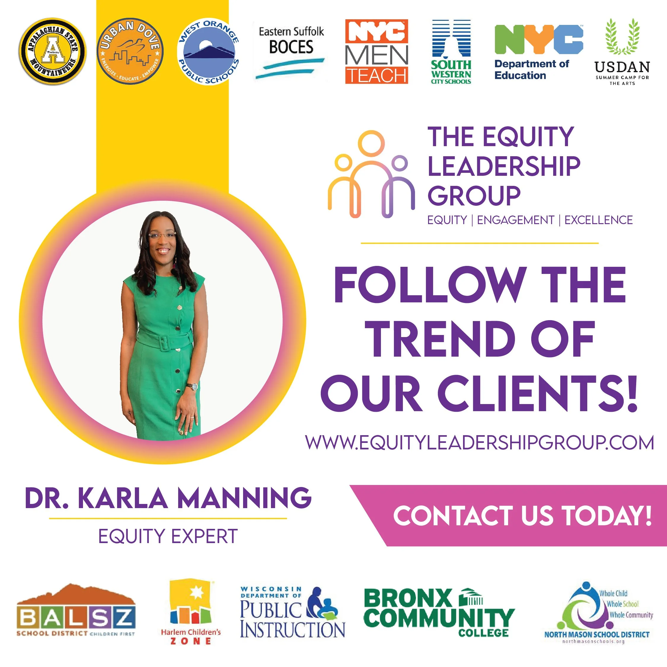 A digital graphic of various logos and icons related to education, community, and organizations, including the Equity Leadership Group, with a photo of a woman in a green dress and glasses.