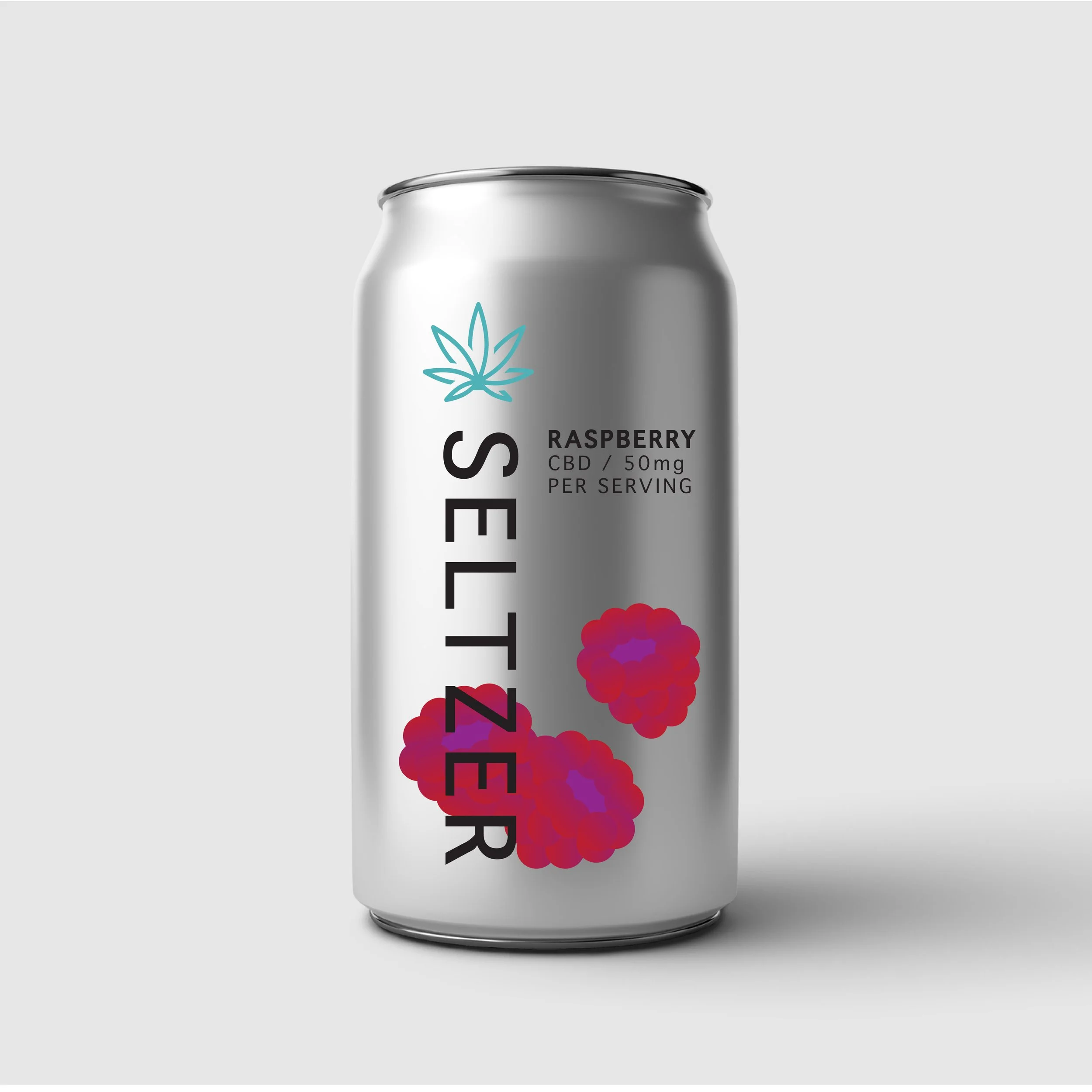 A silver aluminum can with a minimalist raspberry logo and text indicating CBD content and dosage, placed against a plain gray background.