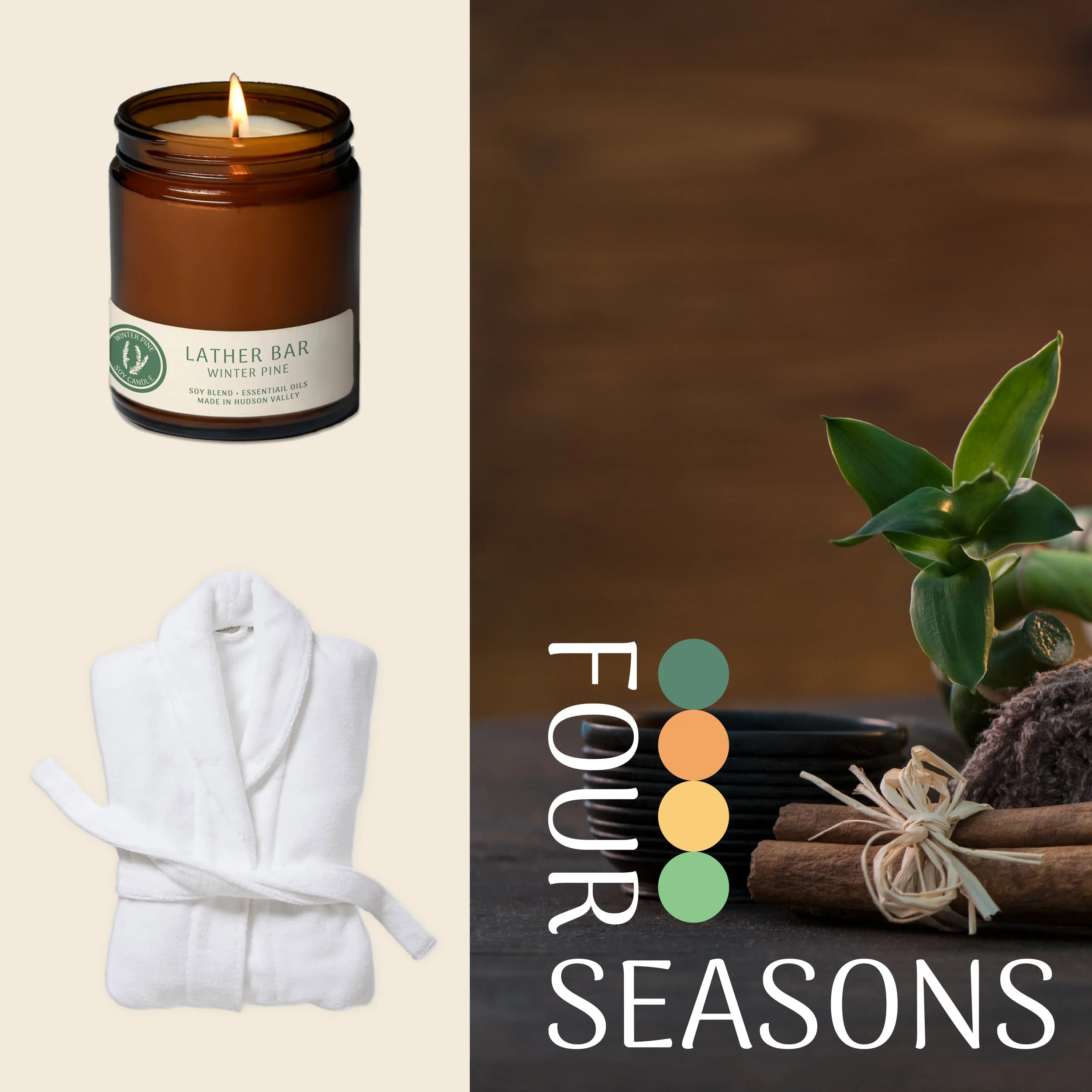 A lit amber candle in a glass jar with a label reading "Lather Bar Winter Pine" and a white cloth or paper towel partially underneath. Next to it is a potted plant, possibly a succulent, on a dark wooden surface.