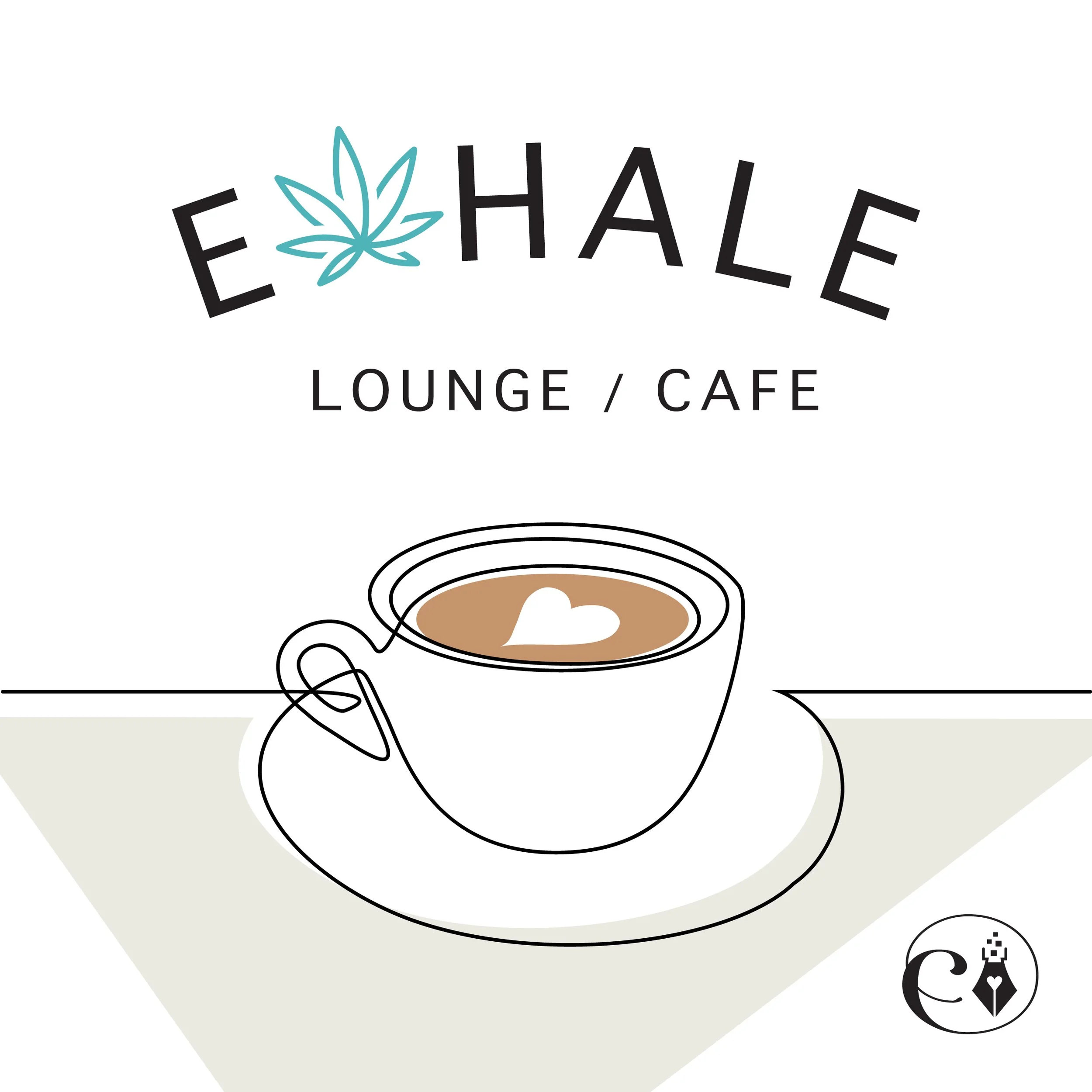 Logo for ECHO lounge cafe featuring a line drawing of a steaming cup of coffee with a heart-shaped foam design and a leaf motif, placed above the text 'ECHO' with stylized letters and 'LOUNGE / CAFE' underneath.