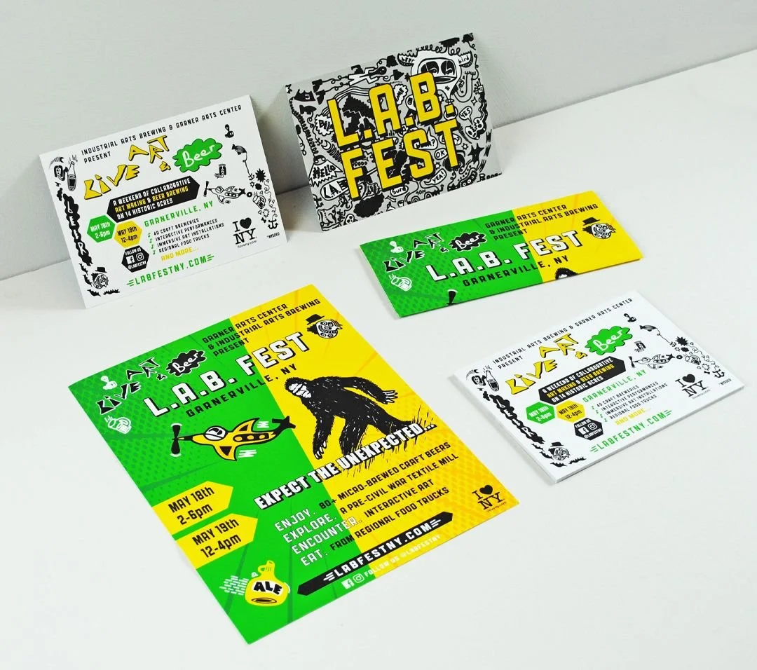 L.A.B. Fest and art event flyers with colorful designs, one featuring a Bigfoot illustration and text about the event, others with black and white doodles and event details.