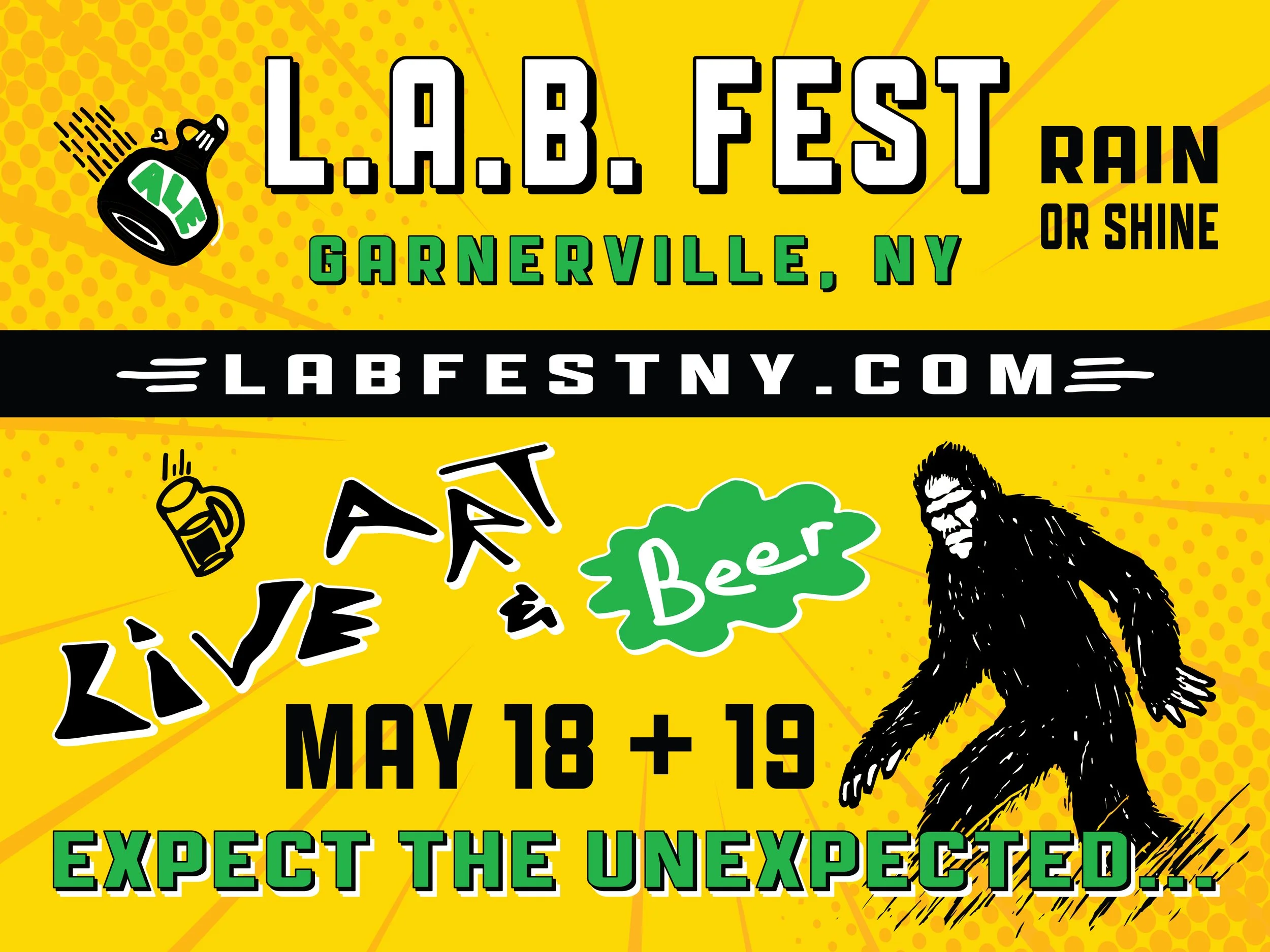 A promotional poster with a yellow background for La R.B. Fest in Garnerville, NY, from May 18 to 19, 2023, encouraging attendees to expect the unexpected, featuring illustrations of a beer mug, a gorilla, and a bottle labeled 'ALF'.