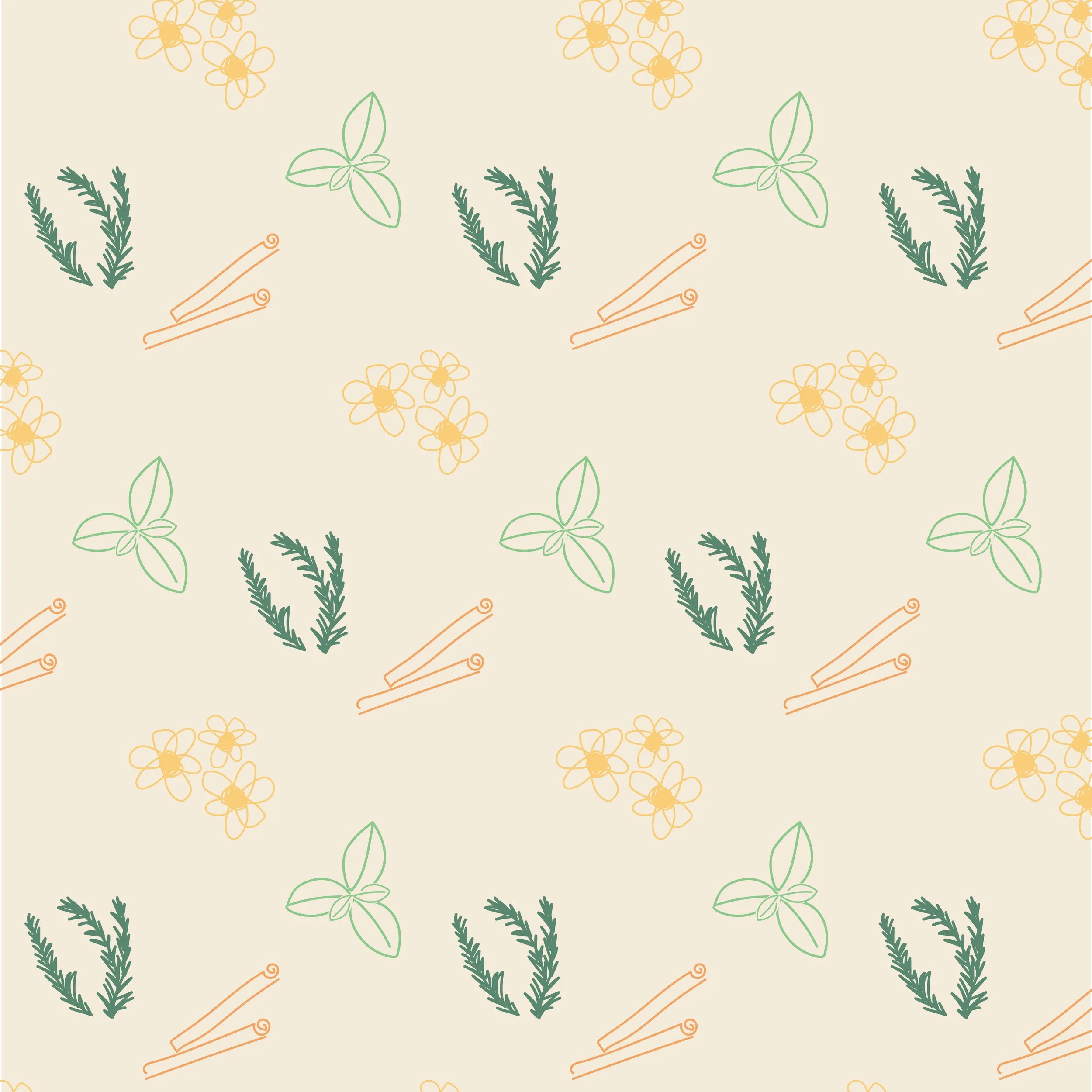 A seamless pattern featuring drawn herbal and floral elements on a beige background, including green sprigs, orange cinnamon sticks, light green leaves, and yellow flowers.