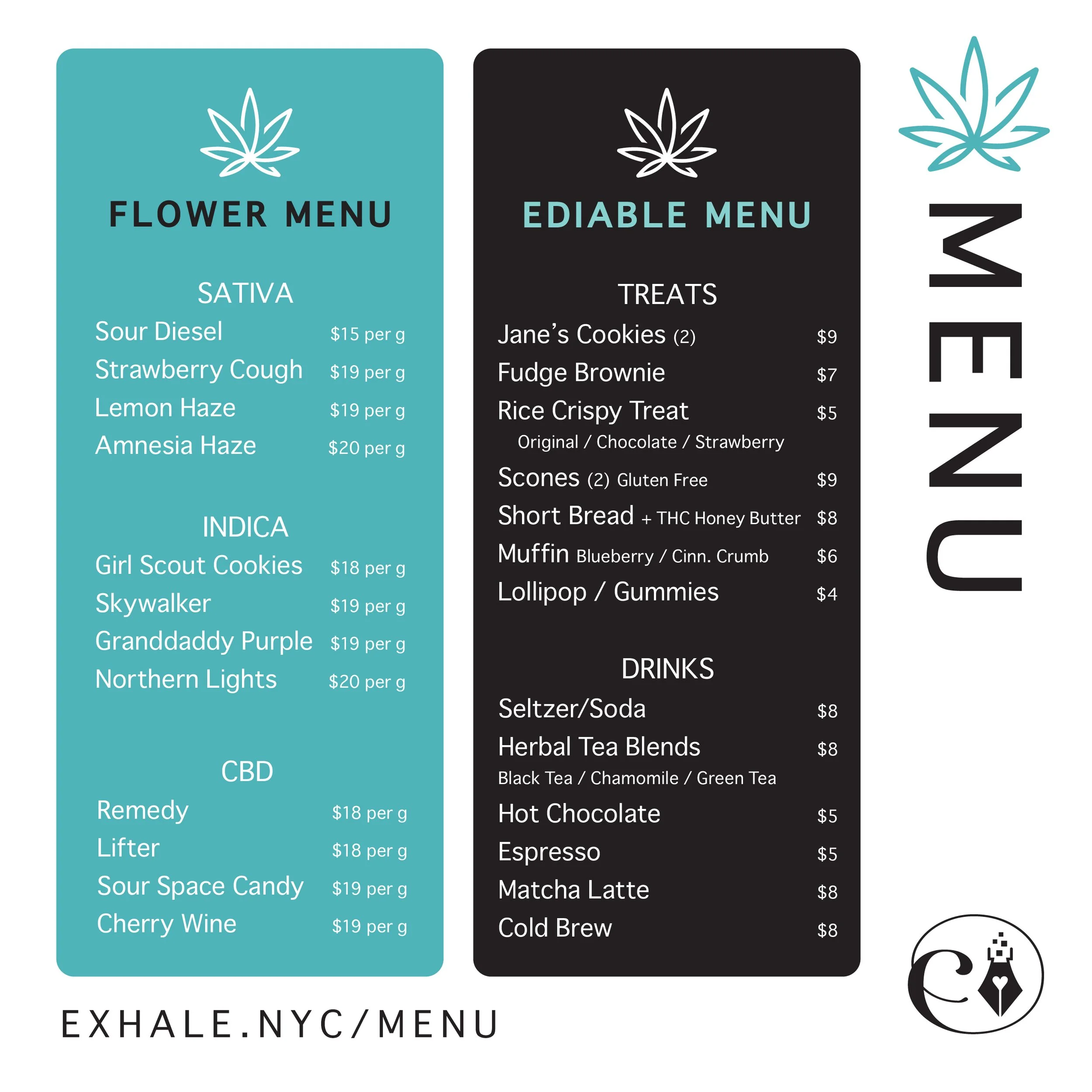 Images of two cannabis dispensary menus with different sections, including flower options like sativa and indica strains, and edible and drink items with prices.
