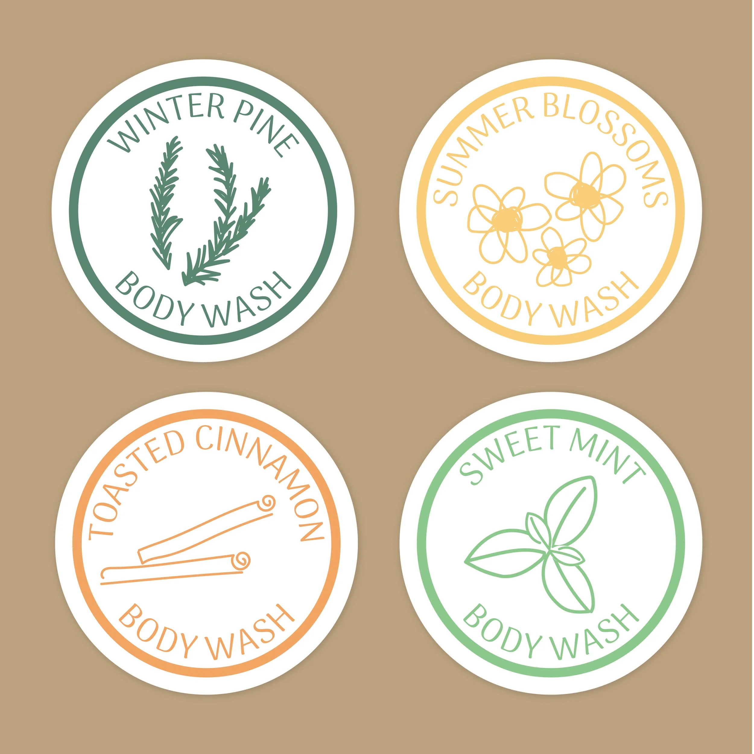 Labels of body wash scents on a brown background, including Winter Pine, Summer Blossom, Toasted Cinnamon, and Sweet Mint.