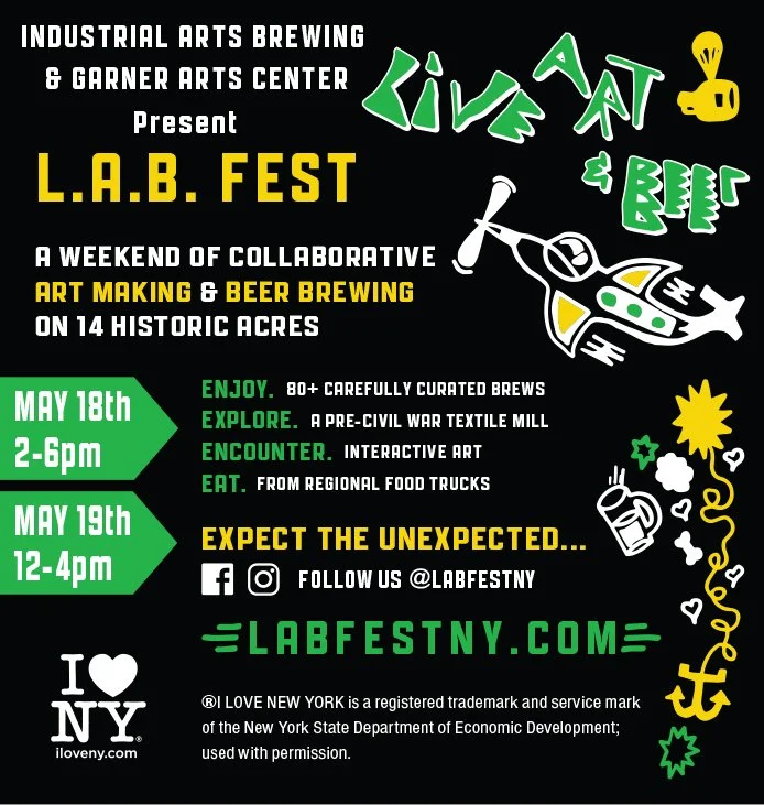 Promotional poster for L.A.B. Fest, a weekend of art making and beer brewing on May 18th and 19th at Historic Acres, featuring curated brews, textile mill historical site, interactive art, regional food trucks, and live entertainment.