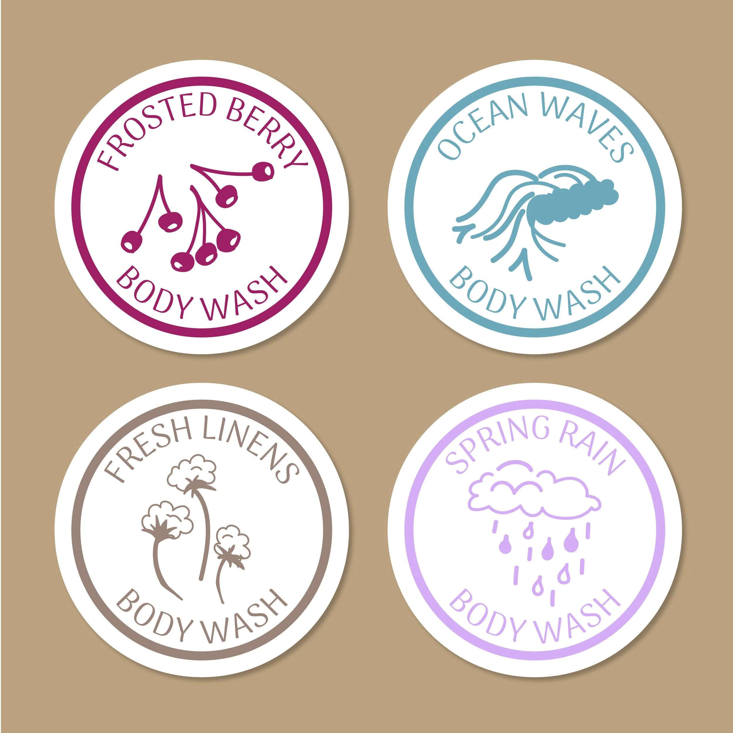 Two circular stickers on a brown background, one purple with cherries and the words "Frosted Berry Body Wash," the other blue with ocean waves and the words "Ocean Waves Body Wash."