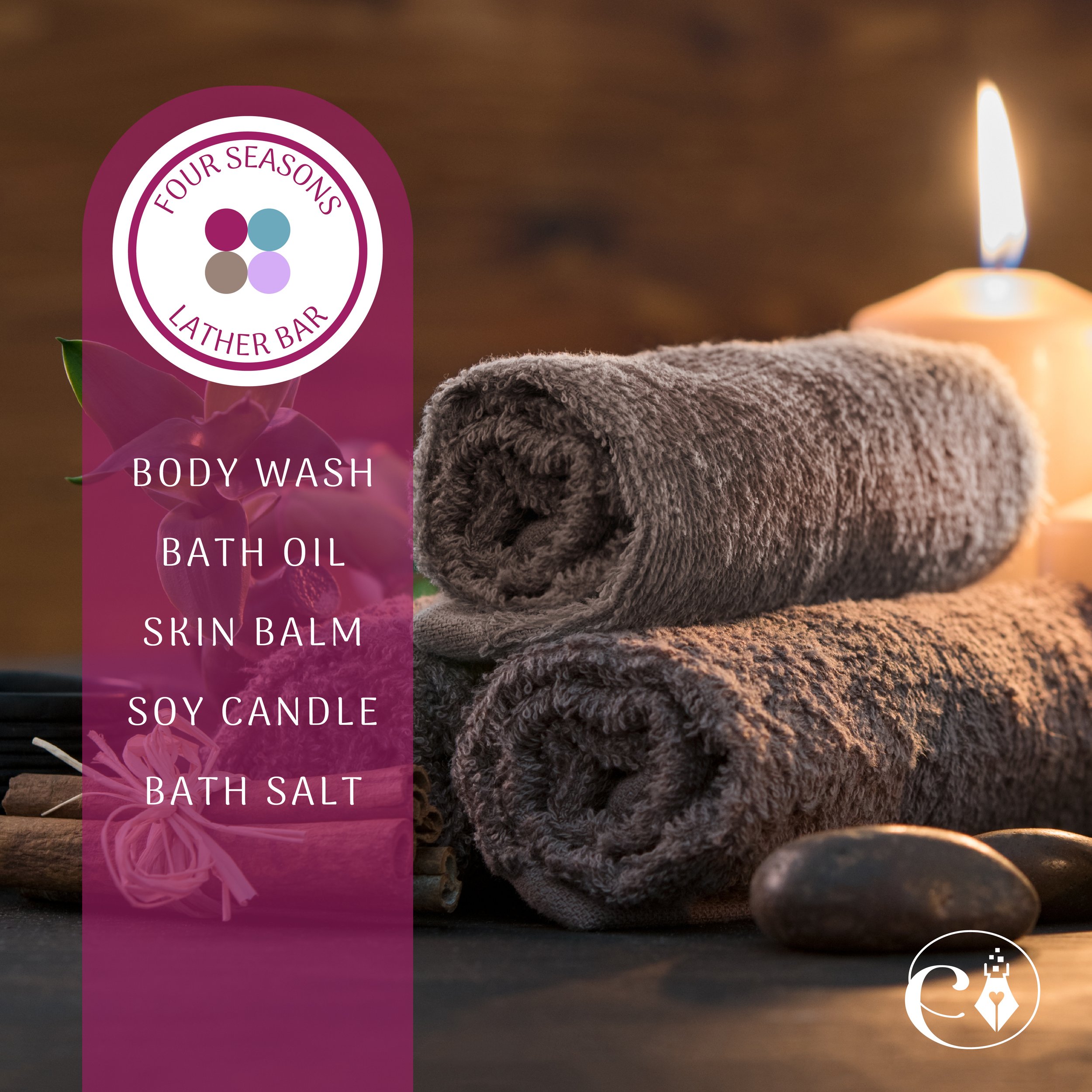 Close-up of a rolled gray towel, lit candle, and bath salts with the logo of Four Seasons Leather Bar and the text "Body Wash, Bath Oil, Skin Balm, Bath Salt" on the left side.