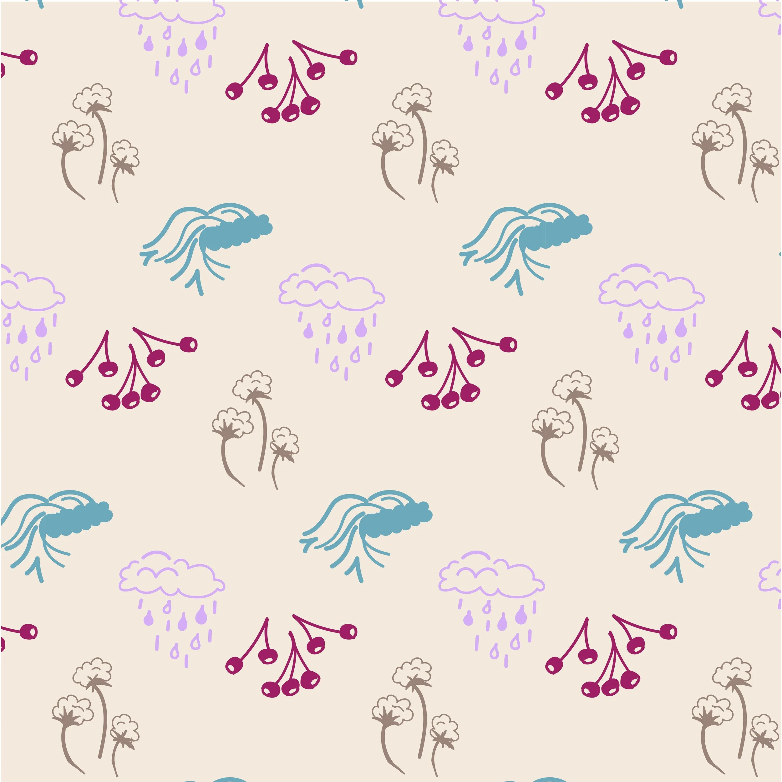 A seamless, pastel-colored pattern featuring rain clouds, rain drops, blossoming branches with cherries, and stylized waves. The background is light beige.