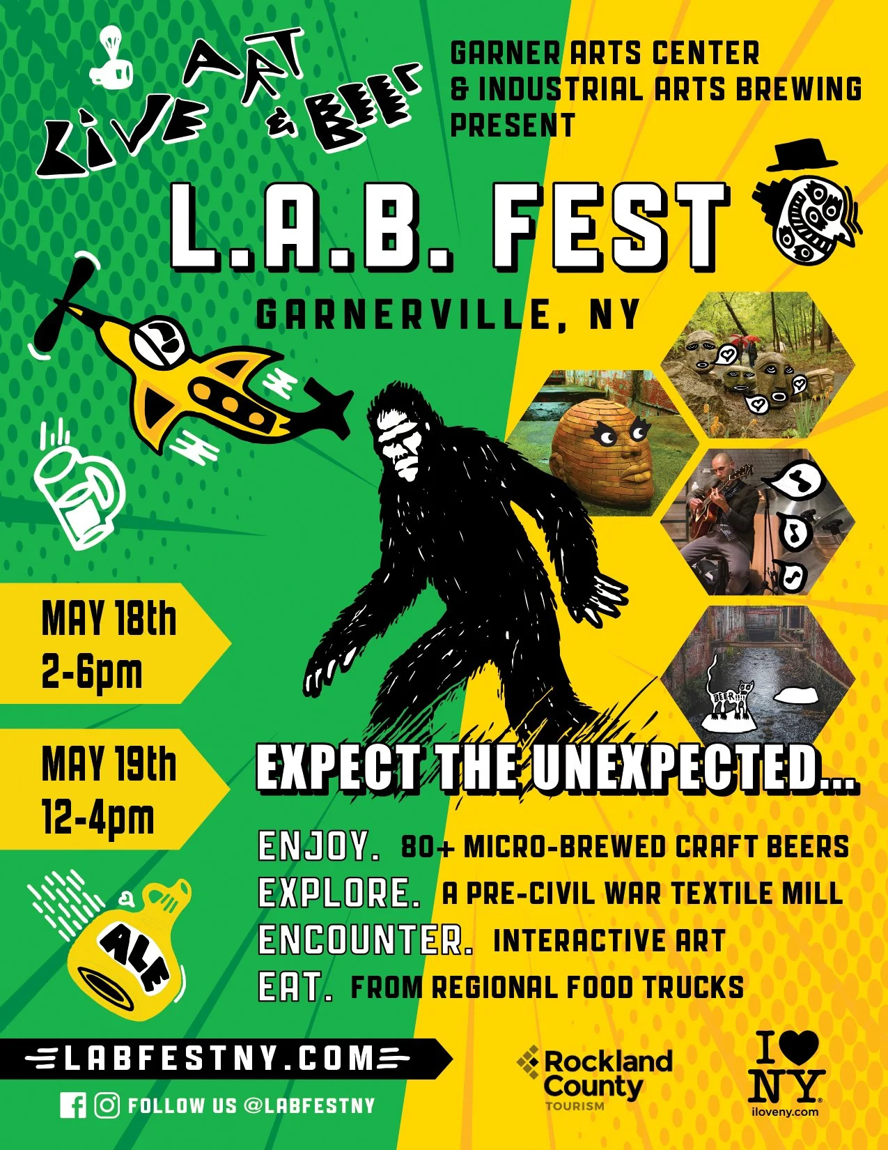 Poster advertising the Live Art & Beer Festival in Garnerville, NY with event details, images of beer, a helicopter, a man playing guitar, a textile mill, and various illustrations.