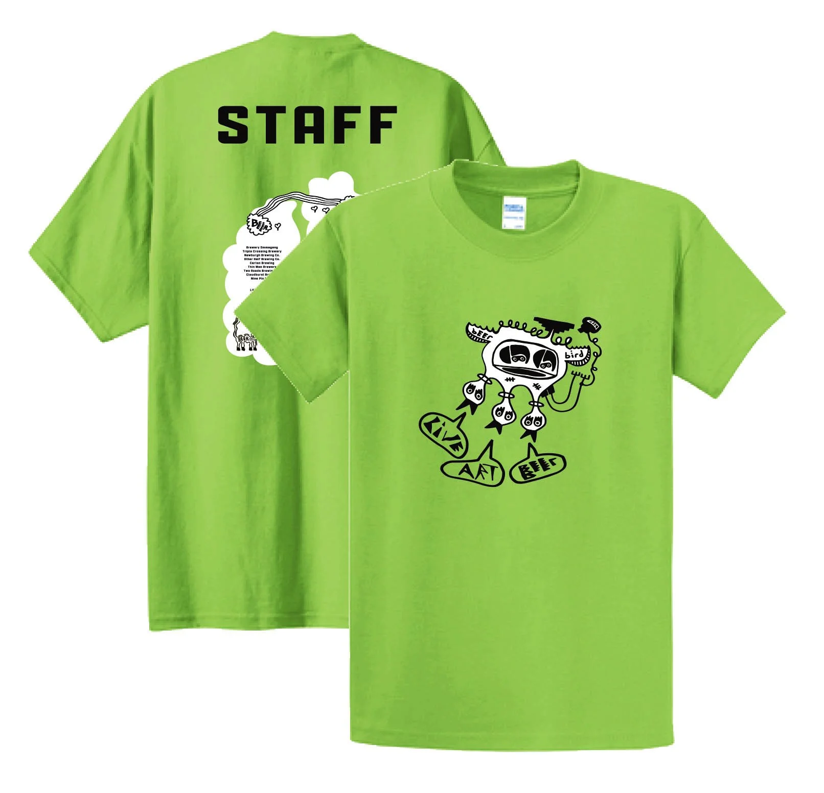 Bright green T-shirt with a graphic of a robot holding three plants labeled "ART," "ANT," and "SEED" and a front-side design of a text bubble with "beer" and an illustration of a hop plant.