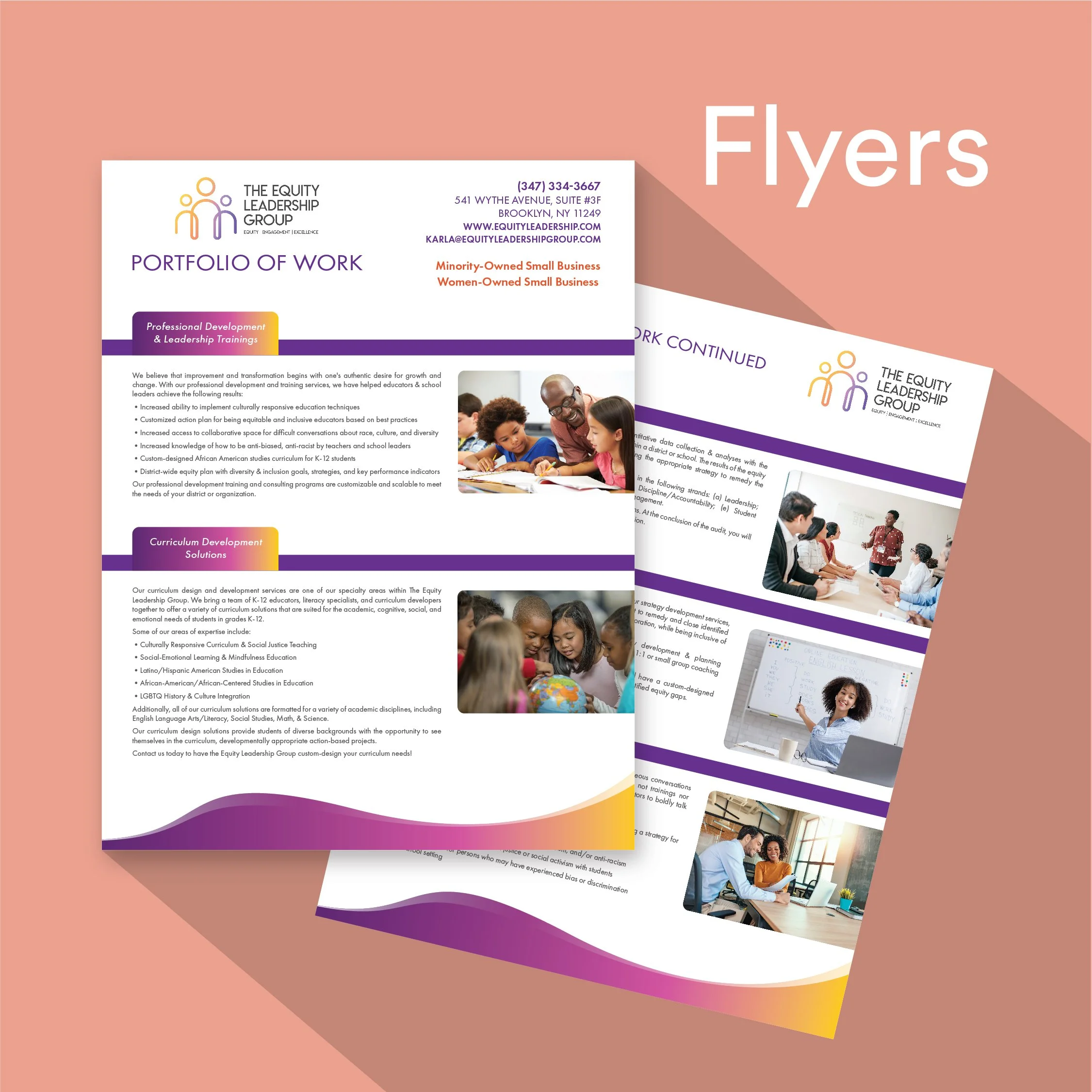 Various flyers for The Equity Leadership Group, featuring images of diverse people in educational settings and information about curriculum development and leadership training, with a pink background.